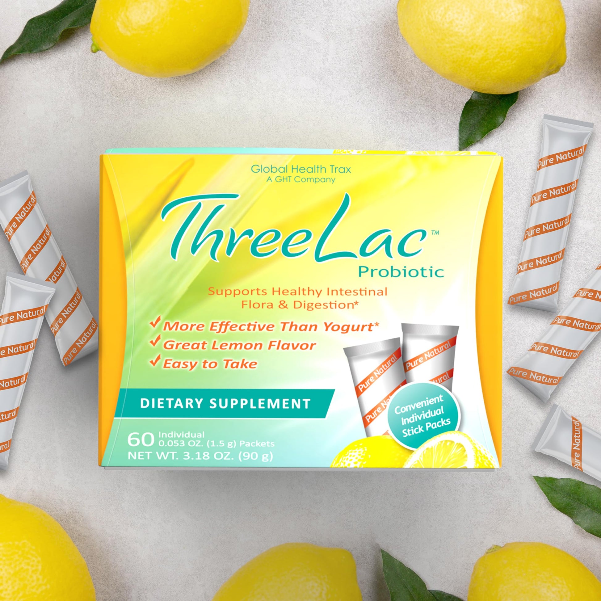 GHT - ThreeLac Lemon Probiotic Drink Mix for Digestive Health - Advanced Probiotic Powder Formula for Men, Women, and Kids - Immune Support & Gut Balance, Non-GMO - 240 Packets ght Global Health Trax uk supplements