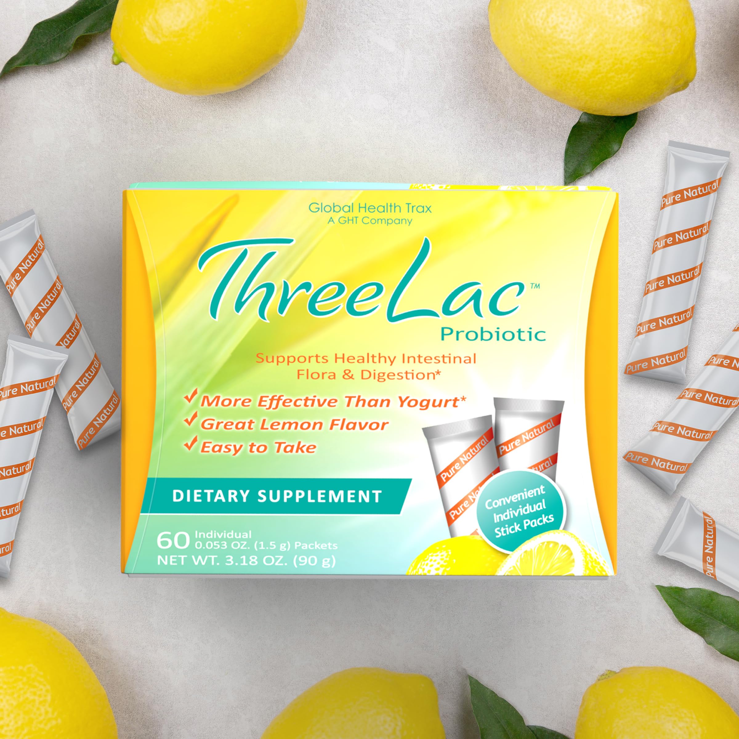 Global Health Trax GHT - ThreeLac Lemon Probiotic Drink Mix for Digestive Health - Advanced Probiotic Powder Formula for Men, Women & Kids - Immune Support & Gut Balance, Non-GMO - 60 Packets ght Global Health Trax uk supplements