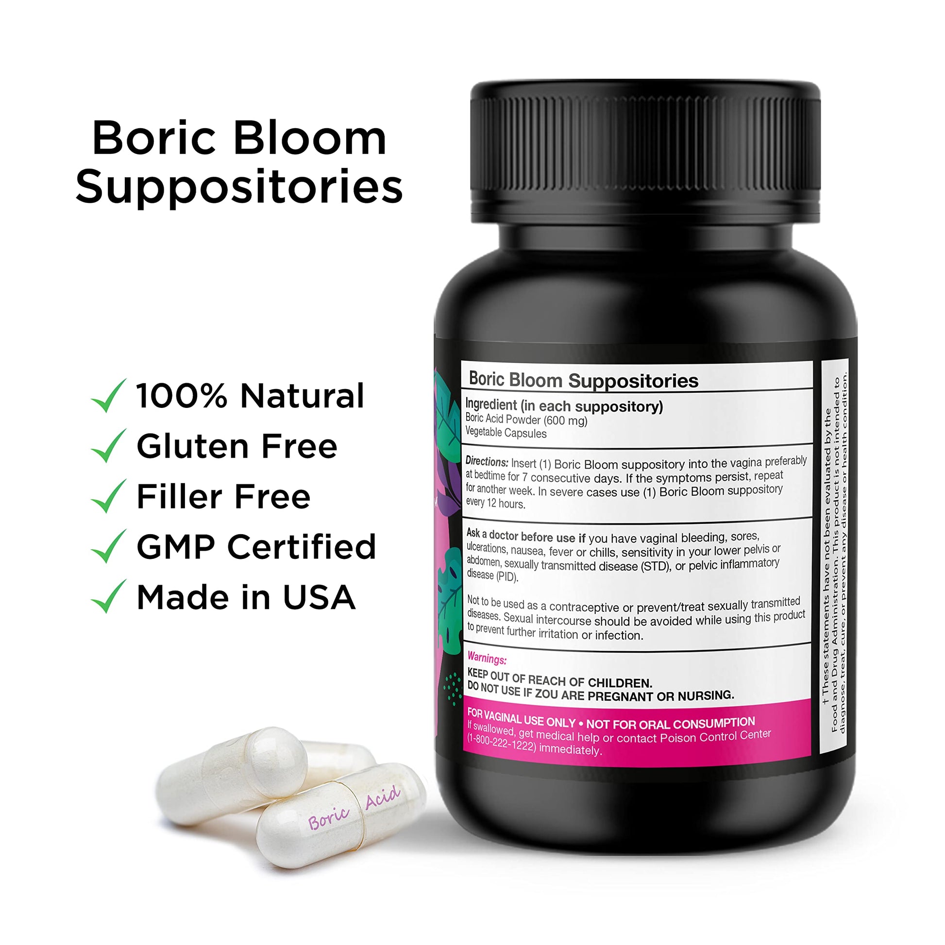 Boric Acid Suppositories - Vaginial Suppository Bacterial Vaginosis, pH Balance for Women Pills Yoni Peach Care uk supplements