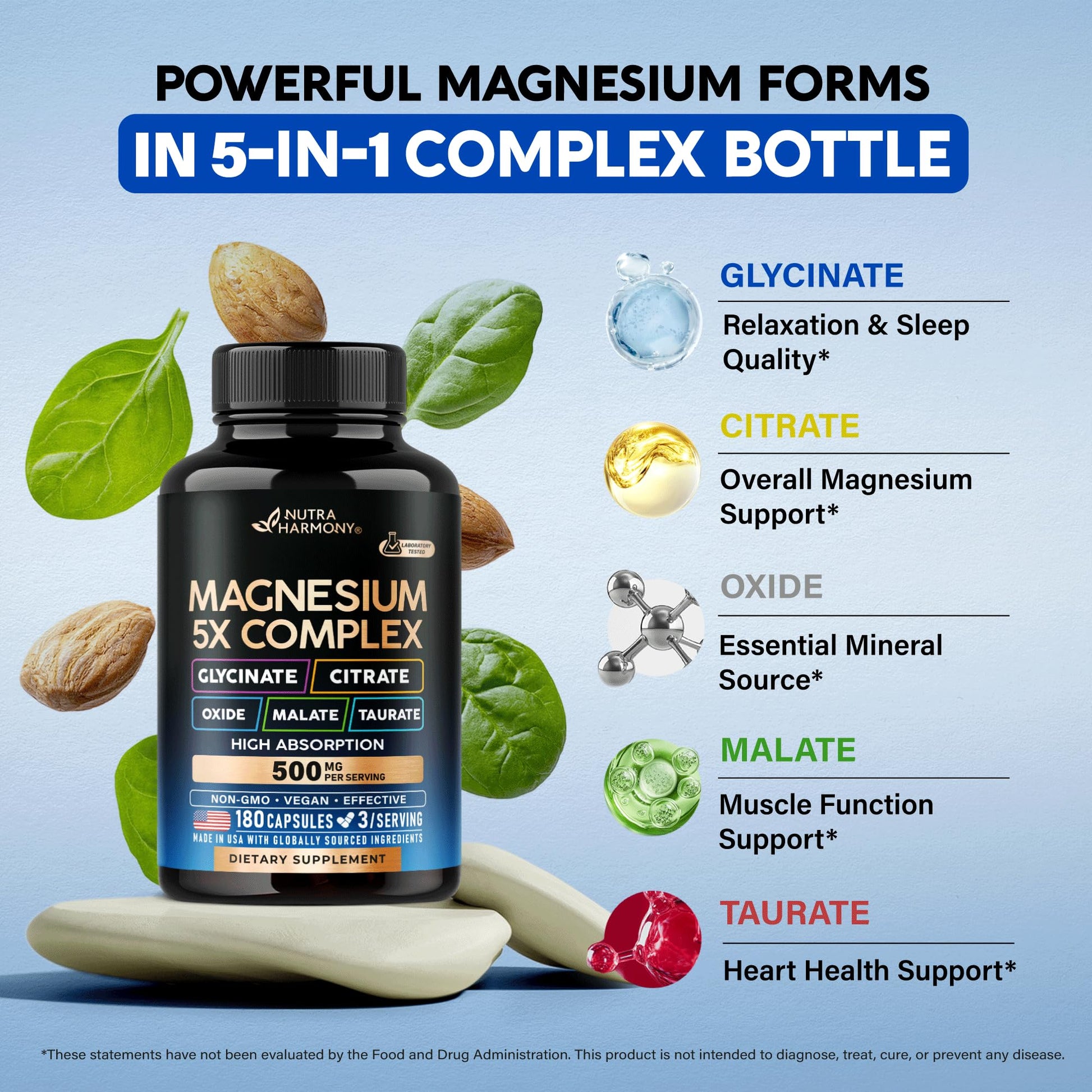 Magnesium Supplement - 5 in 1 Complex | Glycinate | Citrate | Malate | Taurate | Oxide - Made in USA - Stress, Muscle & Heart Support - Vegan, Natural, Non-GMO - 180 Capsules, 2 Month Supply NUTRAHARMONY uk supplements