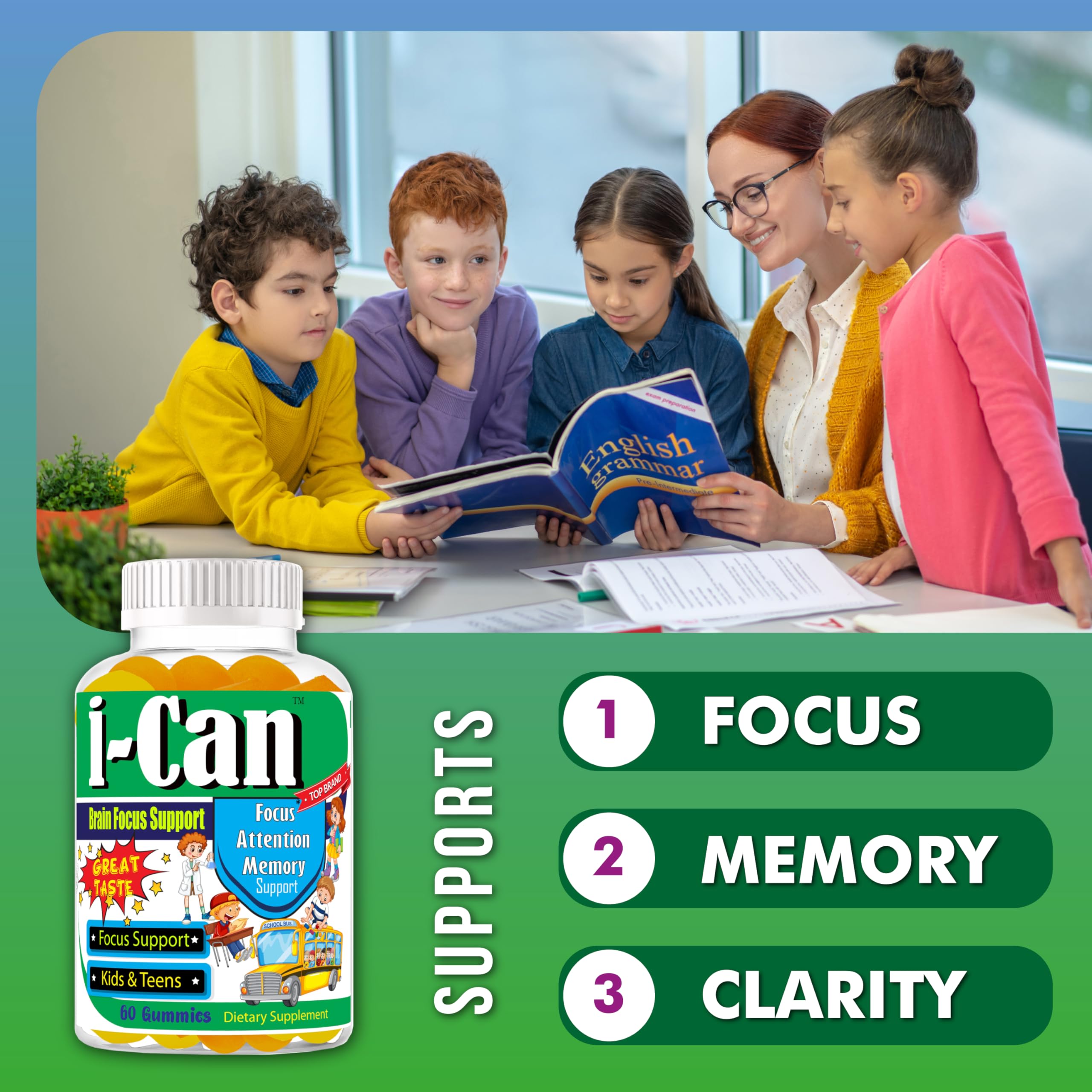 I-Can Focus Gummies for Kids & Teens, Omega 3 Gummies with DHA & EPA, Brain Health, Memory, Attention Support, Teen Brain Focus Vitamins, Non-Fishy Taste, Low Sugar, 60 Count Celebrity LifeStyle Product uk supplements