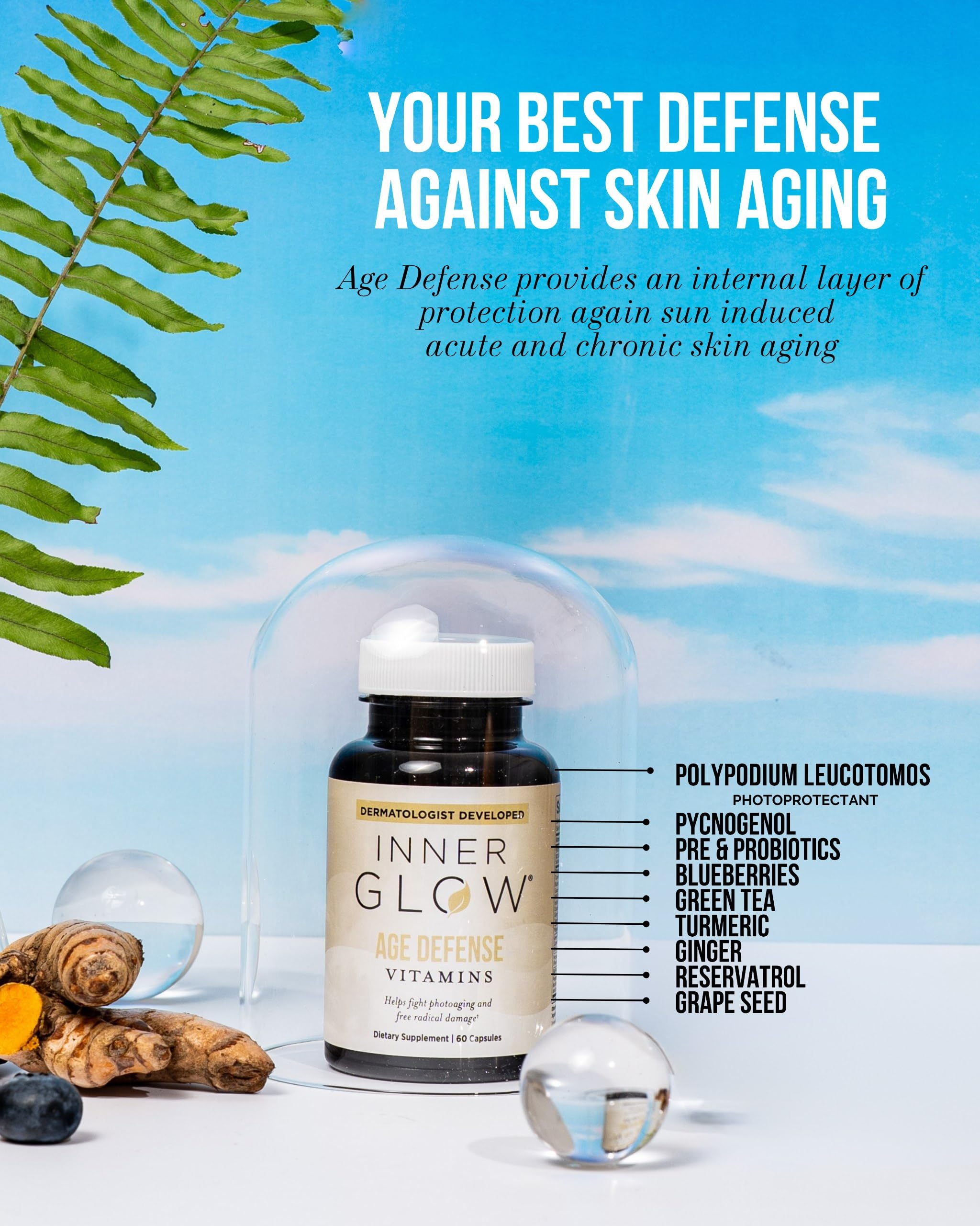 Inner Glow Age Defense Vitamins - Dermatologist and Plastic Surgeon Developed to Fight photoaging and Melasma, Polypodium Leucotomos Antioxidant Formula – Vegan, Gluten-Free – 60 Capsules Inner Glow uk supplements