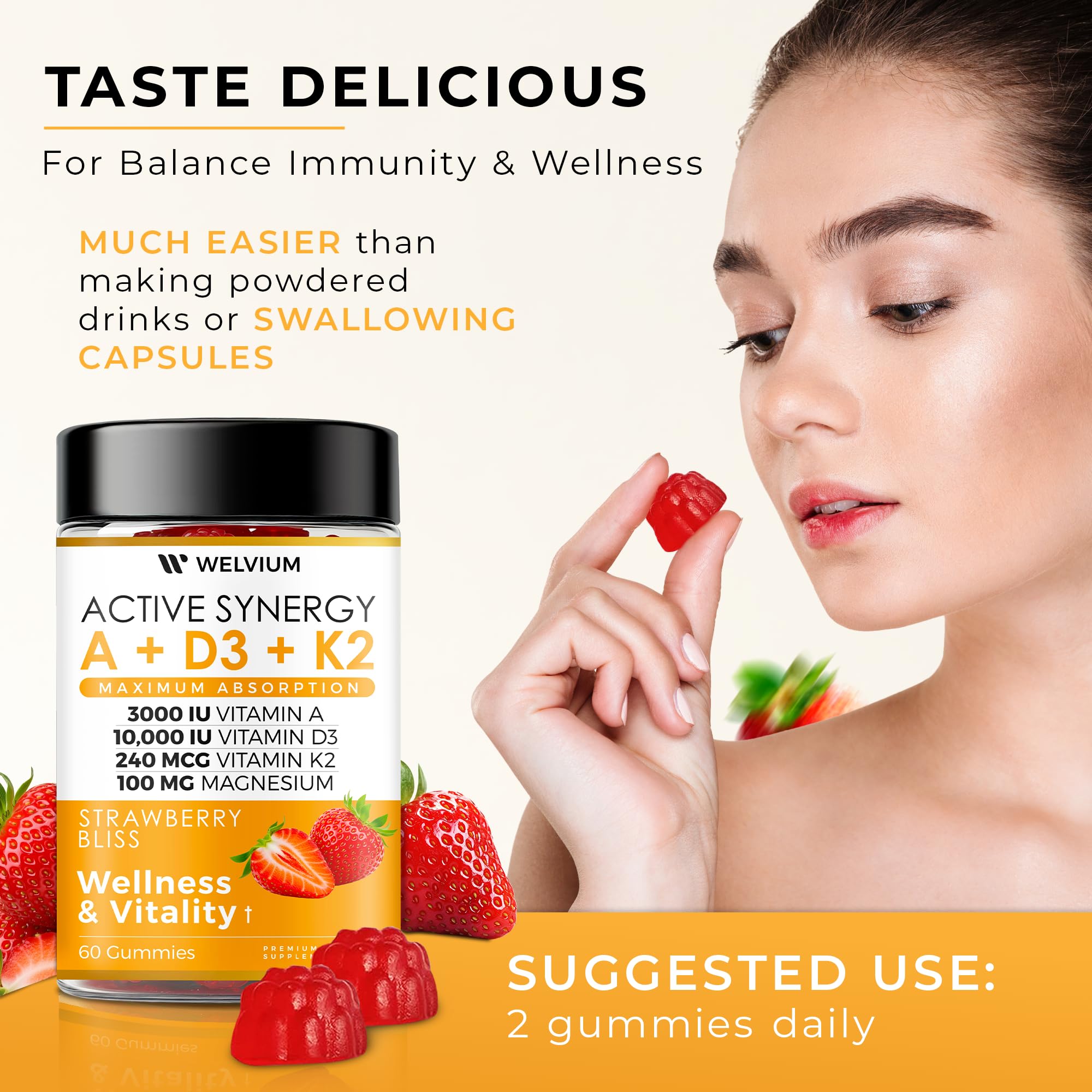 WELVIUM Vitamin D3 K2 Gummies 10000 IU with Magnesium Glycinate, Calcium, B12, K2 MK-7, Vitamins A, E, Lutein, Zeaxanthin - ADK Chewable Supplement for Bone, Eye, Immune Support - D3K2 Gummies WELVIUM uk supplements