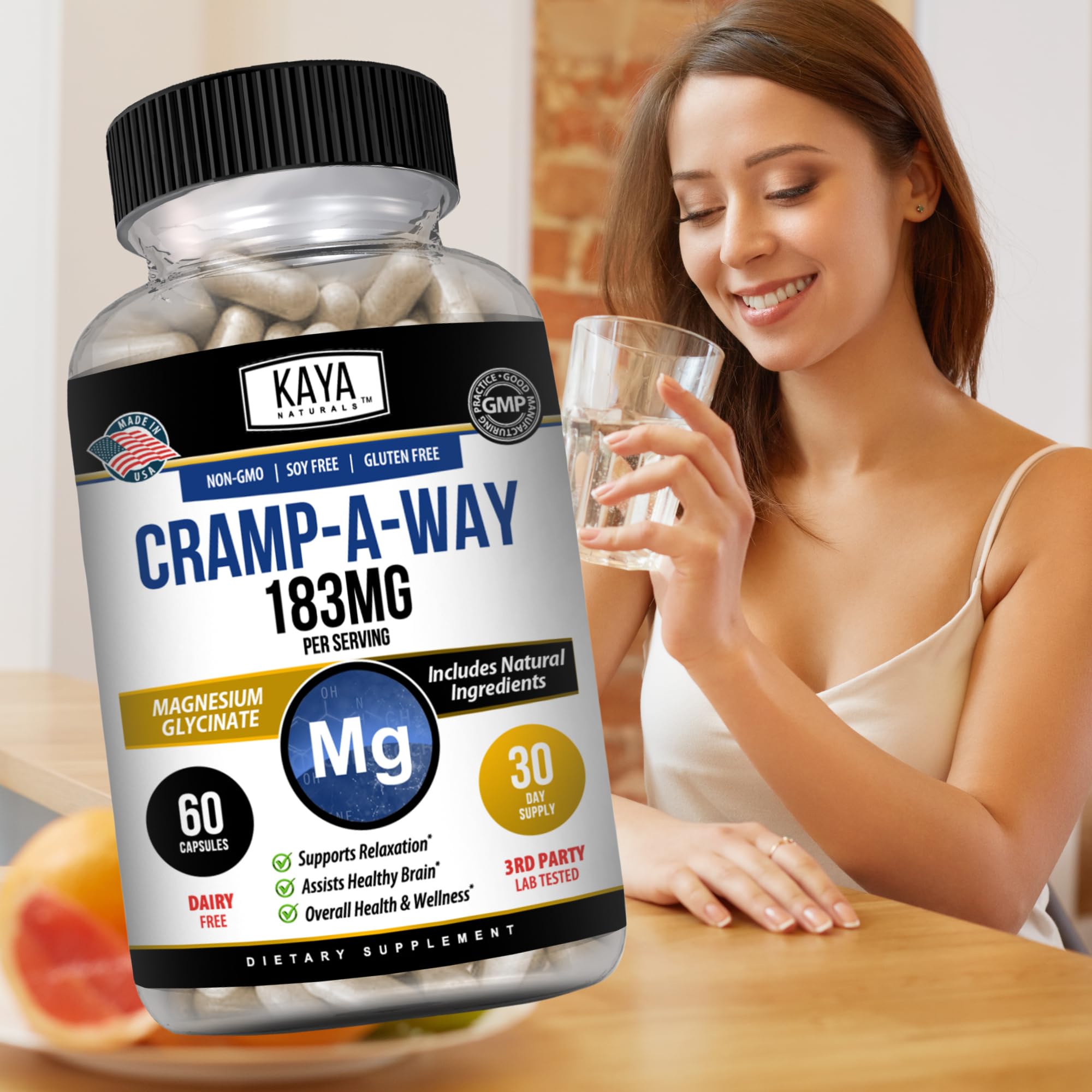 Kaya Naturals Cramp-A-Way Magnesium Glycinate 183mg (60 Count (Pack of 1) Kaya Naturals uk supplements