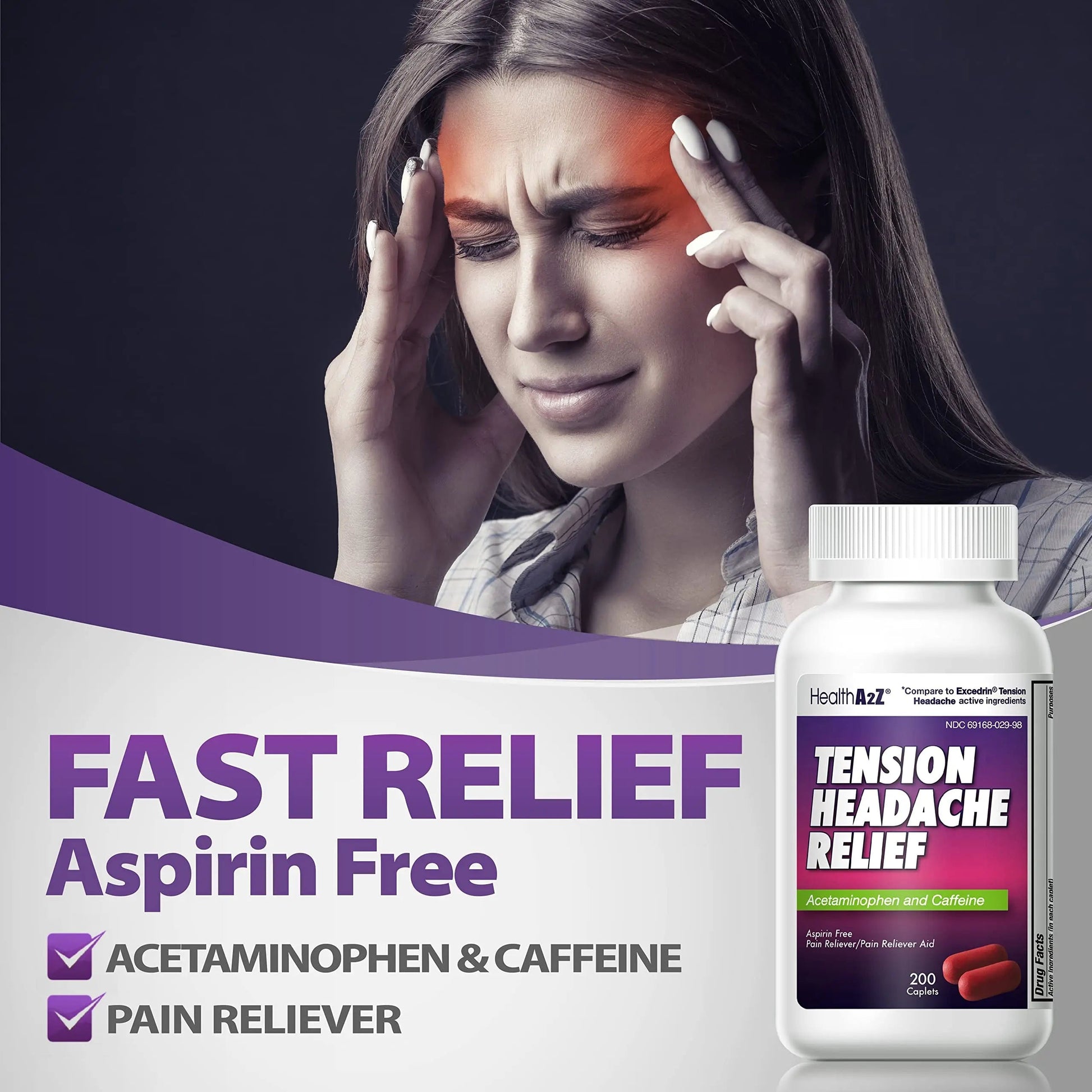 HealthA2Z® Tension Headache Relief | Acetaminophen 500mg | Caffeine 65mg | Pain Reliever Aid | Aspirin Free (200 caplets (Pack of 1)) HealthA2Z uk supplements