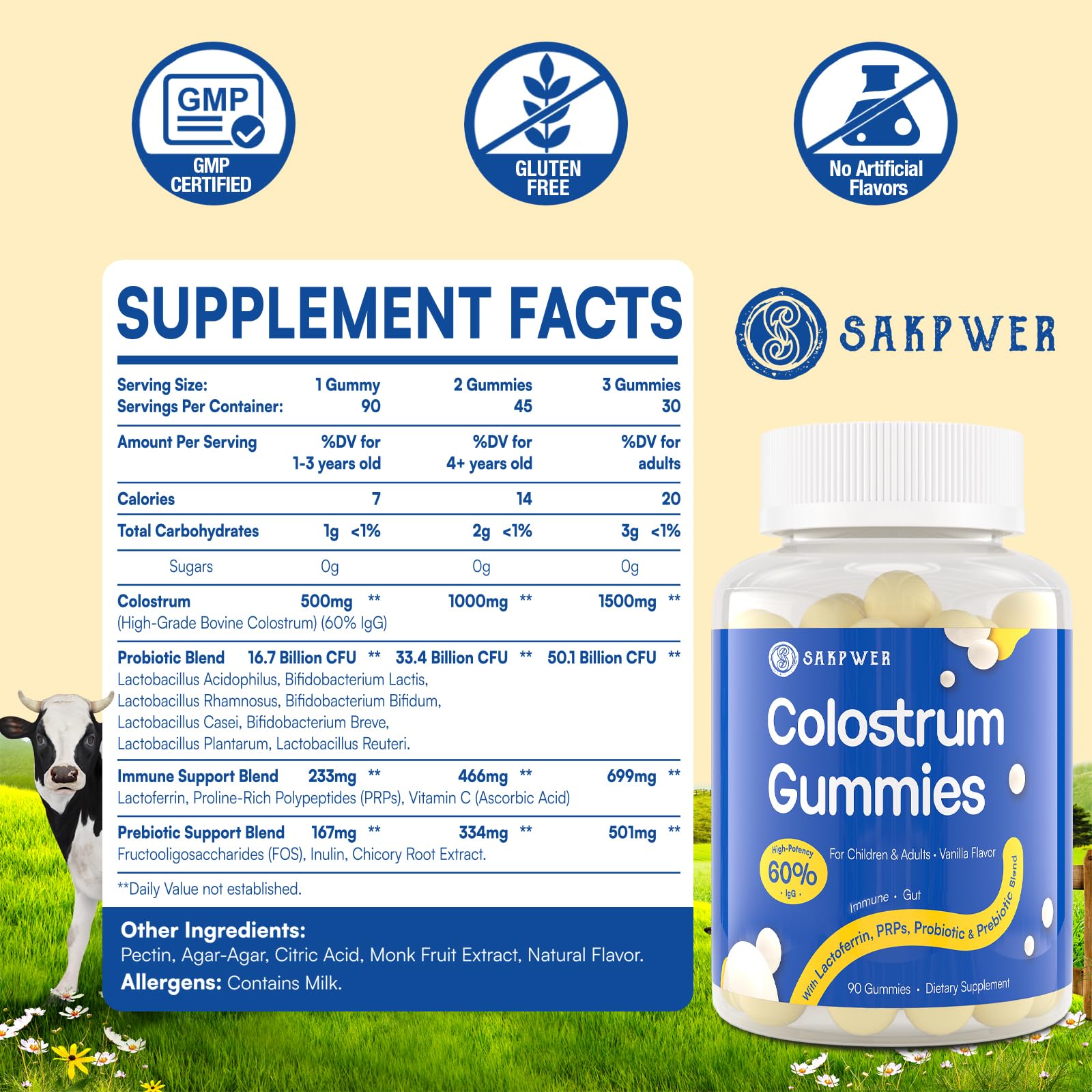 Sakpwer Bovine Colostrum Supplement Gummies - with 60% Highest IgG, Lactoferrin, Probiotics and Prebiotics for Adults and Kids, Vanilla Flavor & Sugar Free, 90 Gummies Sakpwer uk supplements