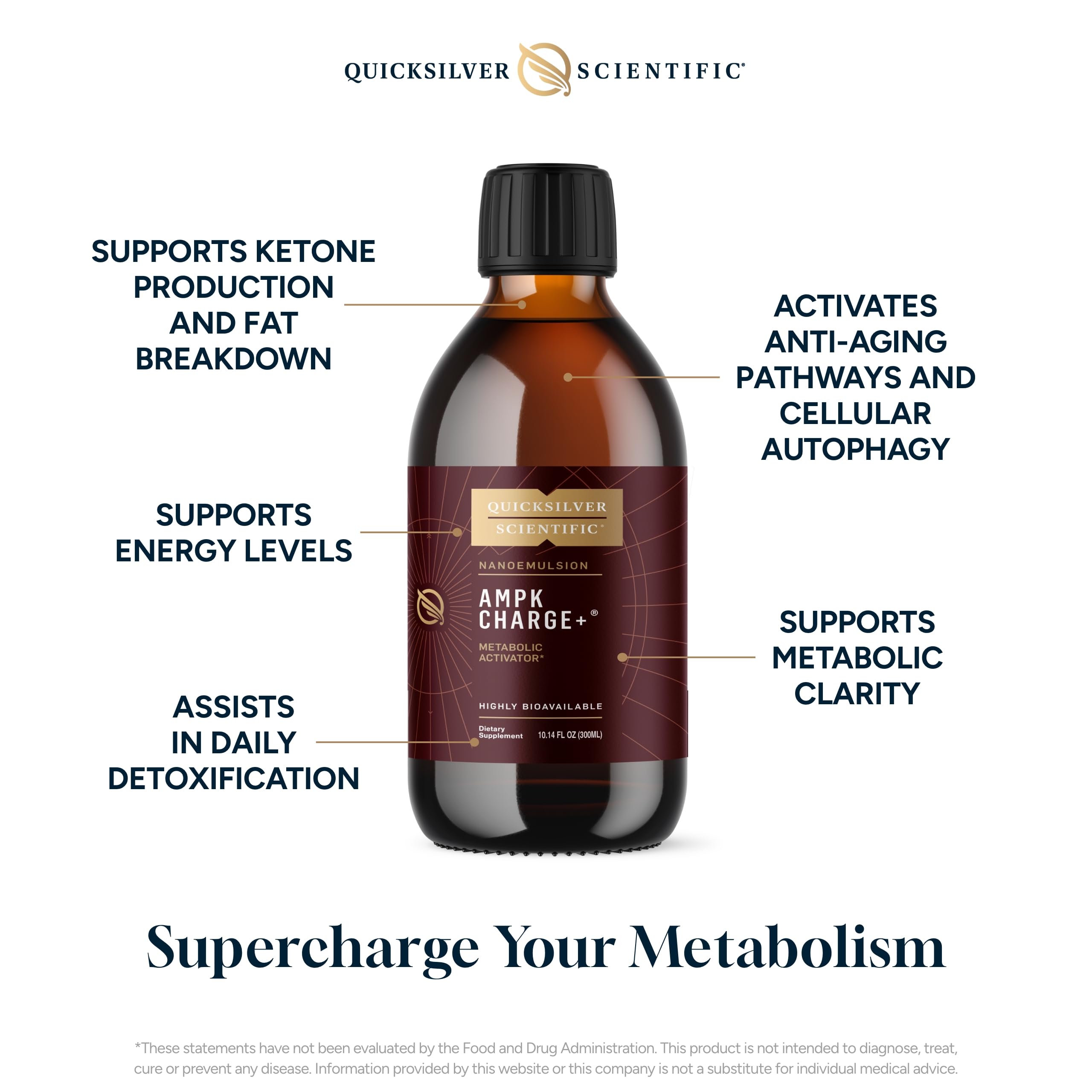 Quicksilver Scientific AMPK Charge+ - Support The Benefits of Intermittent Fasting, Carb Restrictive + Keto Protocols - Promotes Energy Production, Fat Breakdown + Healthy Aging (10.14oz / 300ml) Quicksilver Scientific uk supplements