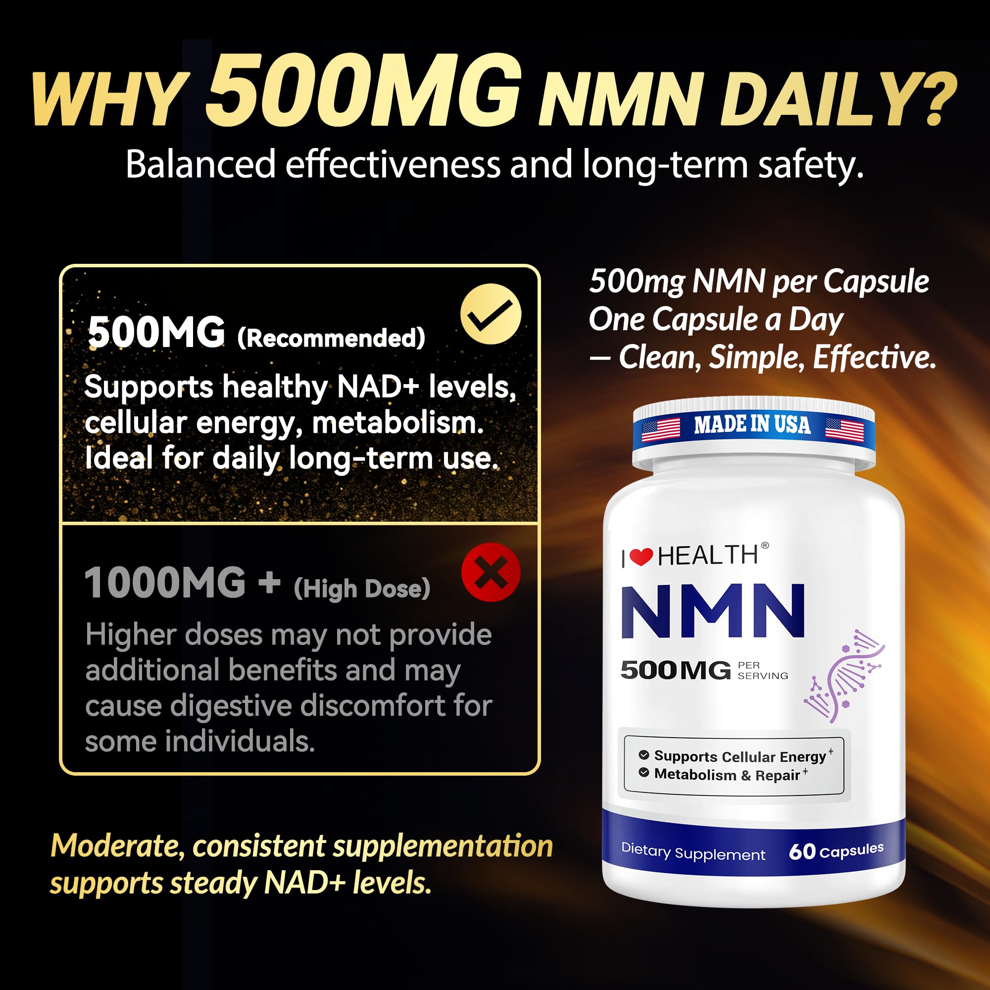 NMN 500MG Per Capsule – High Purity 99.9% NMN, NAD+ Support for Cellular Energy & Healthy Aging, 60 Capsules, Third-Party Tested, cGMP Made in USA I LOVE HEALTH uk supplements