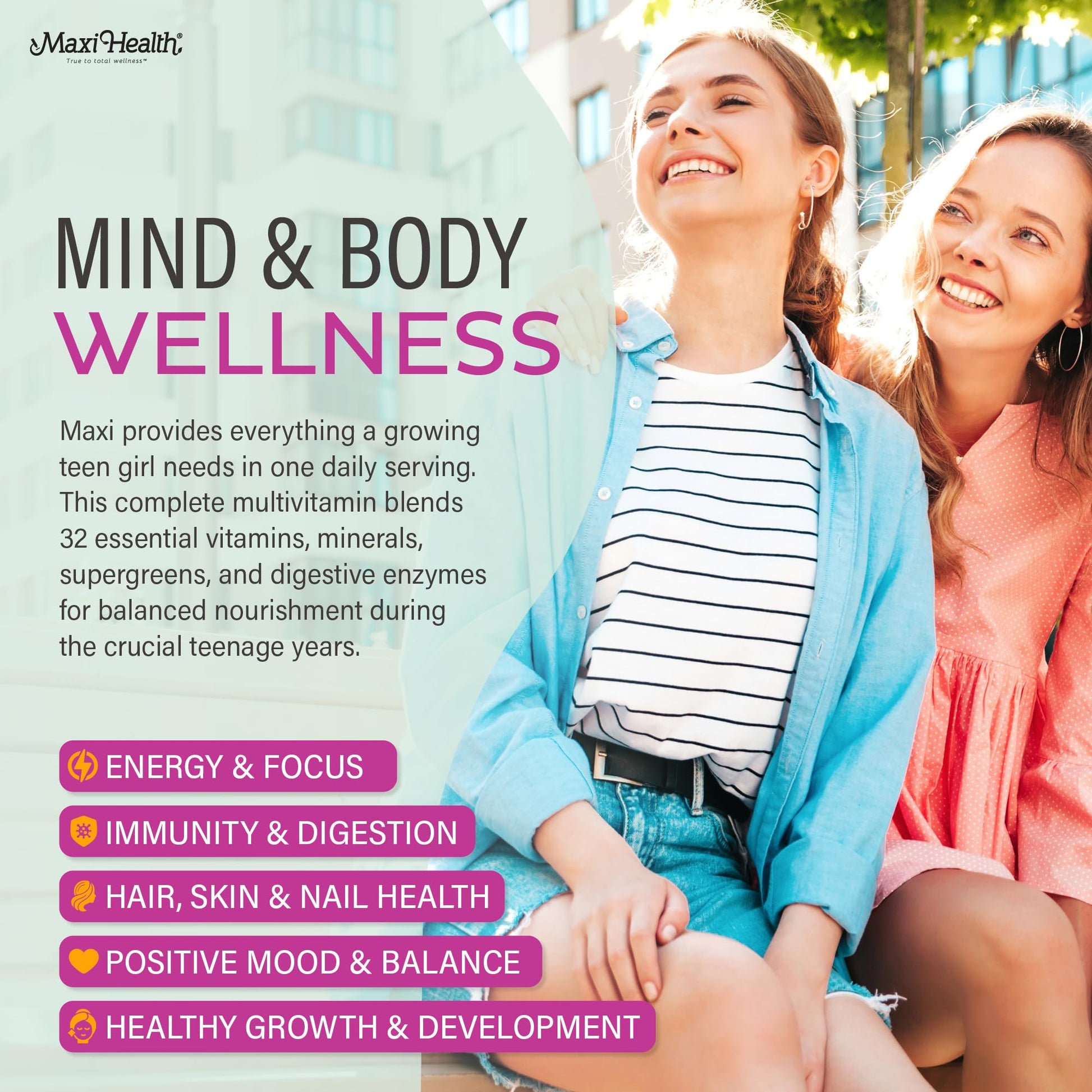 Teen Vitamins for Girls 12-17 - Teen Multivitamin D3, Iron, Calcium, Biotin, Zinc, Digestive Enzymes – Teenager Girl Multi Vitamins Maxi Health uk supplements