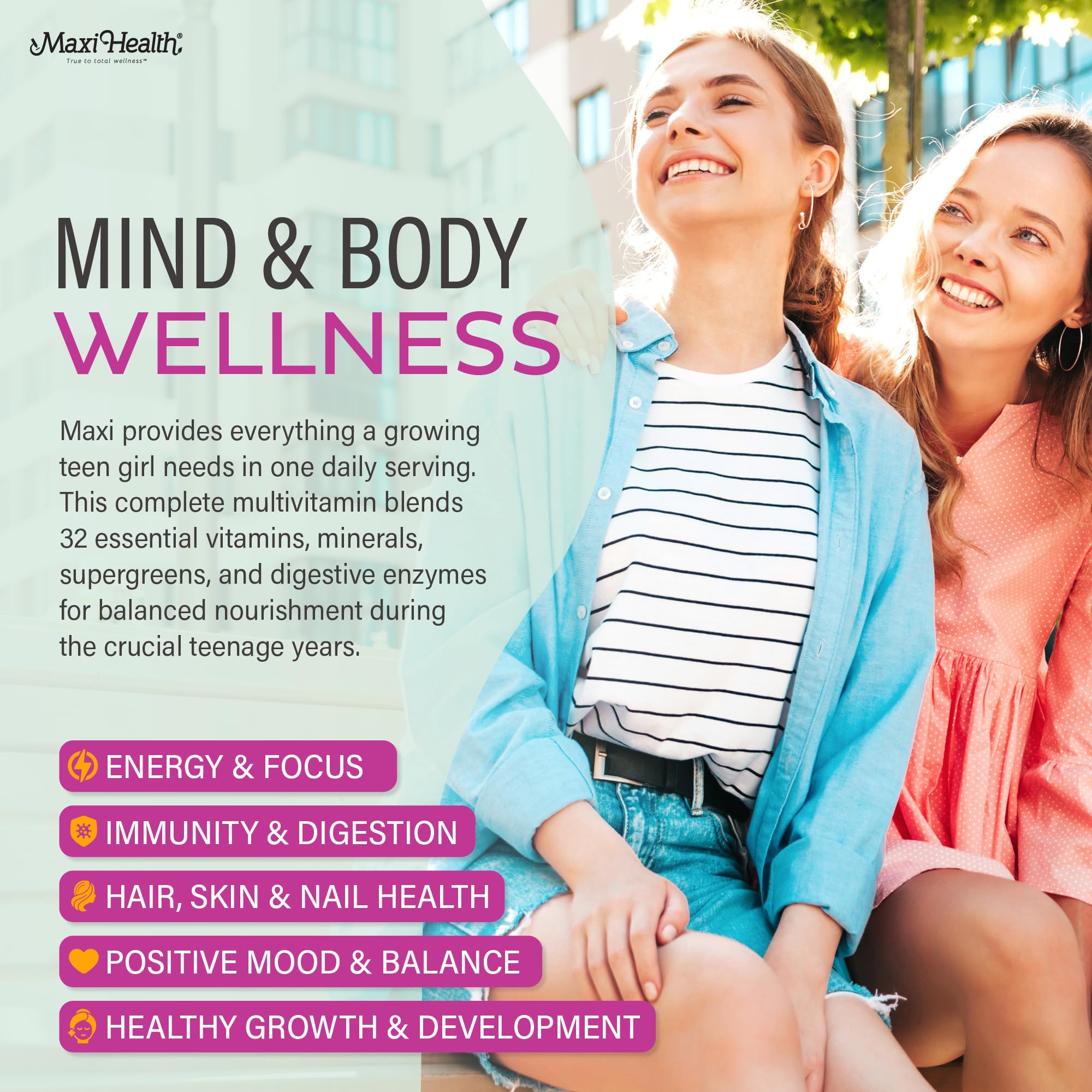 Teen Vitamins for Girls 12-17 - Teen Multivitamin D3, Iron, Calcium, Biotin, Zinc, Digestive Enzymes – Teenager Girl Multi Vitamins Maxi Health uk supplements