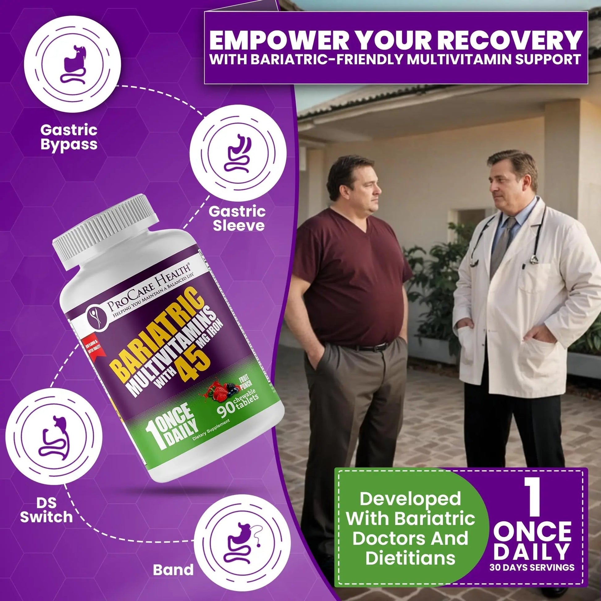 Procare Health Bariatric Multivitamin with Iron 45mg Chewable (90 Tablets) - Fruit Punch Flavor Bariatric Multivitamin Chewable Pills for Gastric Bypass ProCare Health uk supplements