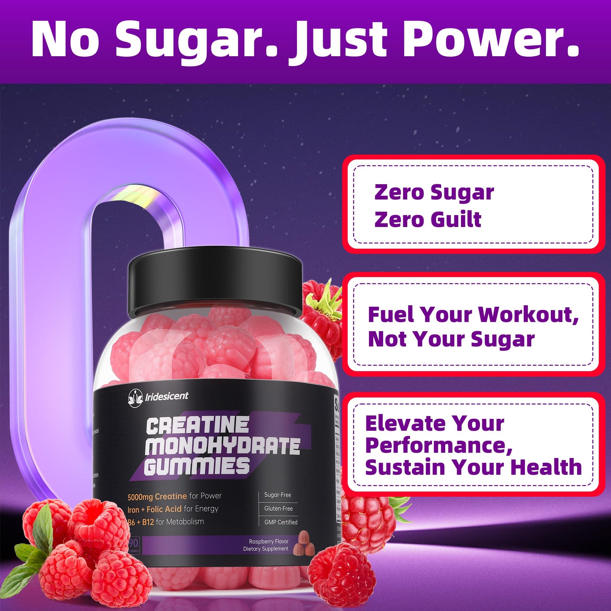 IRIDESICENT Creatine Monohydrate Gummies 5000mg w/Iron, Vitamin B6 & B12, Sugar Free 5g Creatine Supplements for Women and Men Boost Energy & Muscle Recovery - 90 Raspberry Gummies IRIDESICENT uk supplements