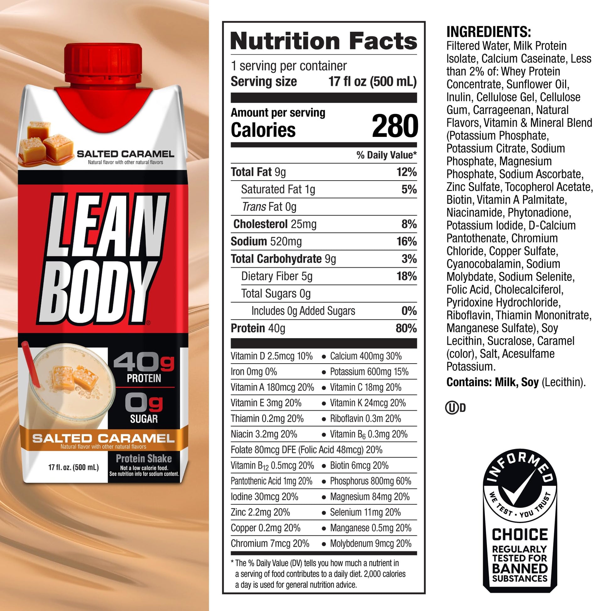Lean Body Ready-to-Drink Salted Caramel Protein Shake, 40g Protein, Whey Blend Labrada uk supplements