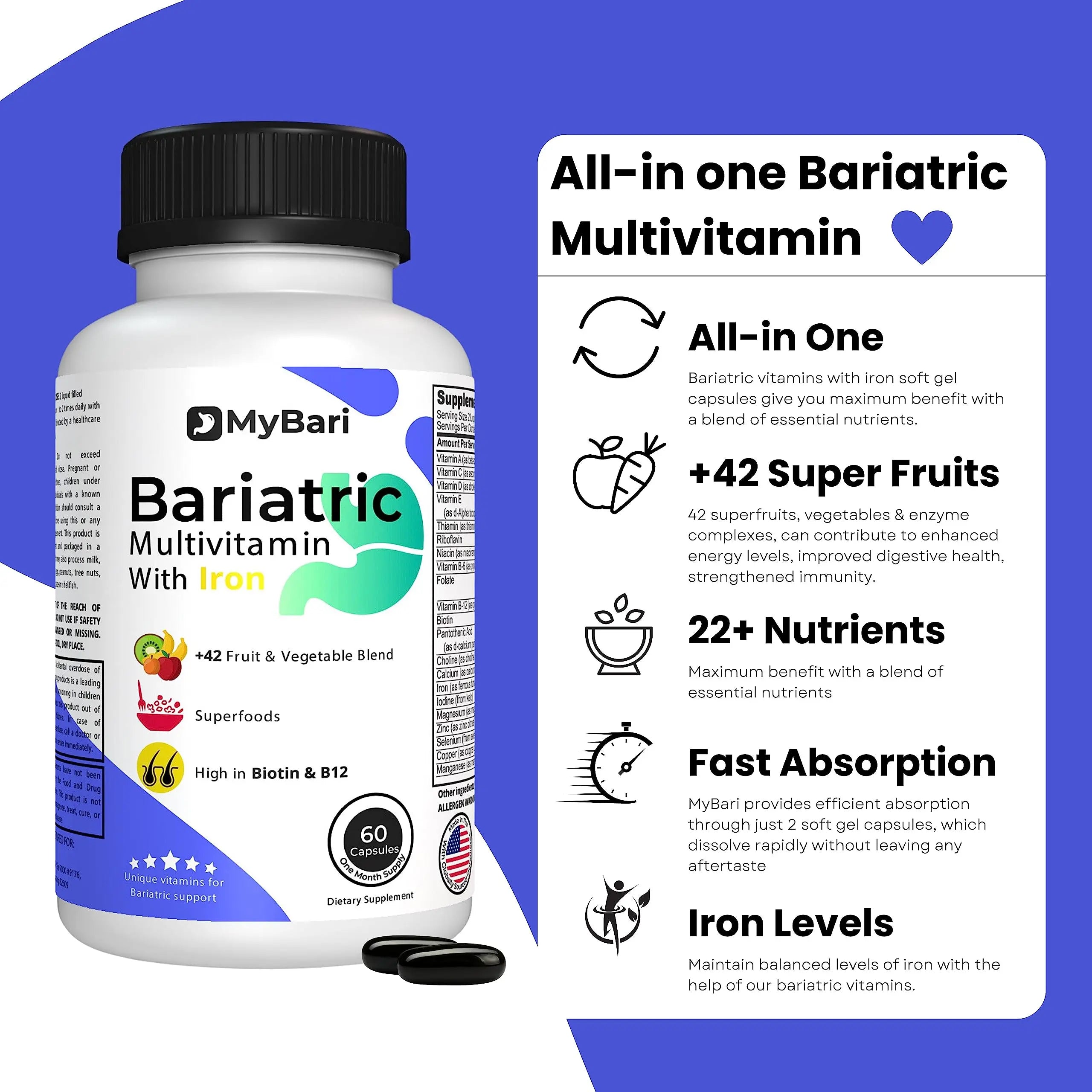 MyBari All-in-One Bariatric Multivitamin with Iron - Made in USA - for Men & Women - Supports Gastric Sleeve & Bypass with 42+ Fruit & Veggie Blend - 60 Liquid Capsules MyBari uk supplements