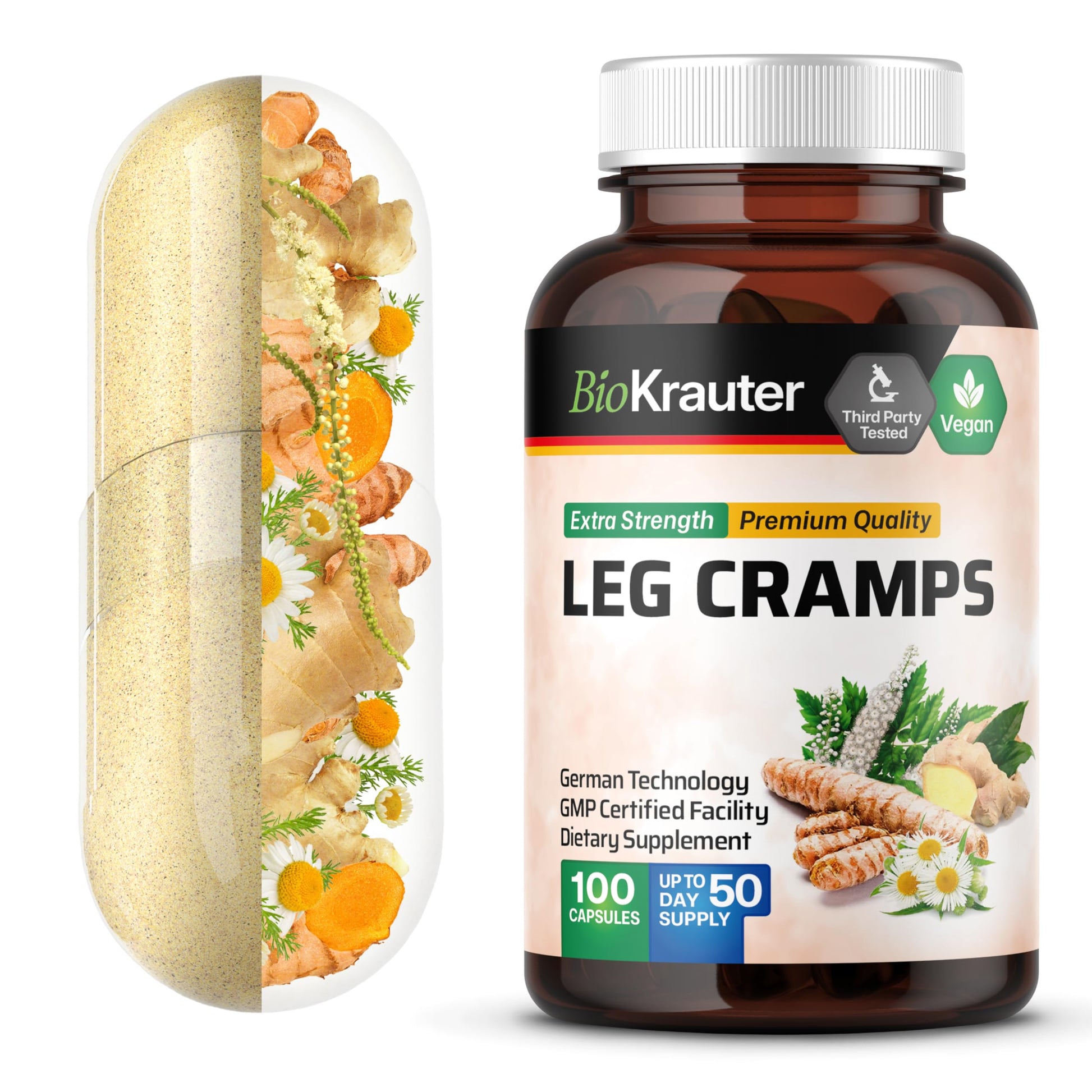 BIO KRAUTER® Magnesium Glycinate for Leg Сramps & Relax - 5-in-1 Formula Magnesium Glycinate 400mg with Turmeric, Black Cohosh, Ginger, Chamomile 1200 mg 100 Caps - No Fillers, Non-GMO, 50-Day Supply BIO KRAUTER uk supplements