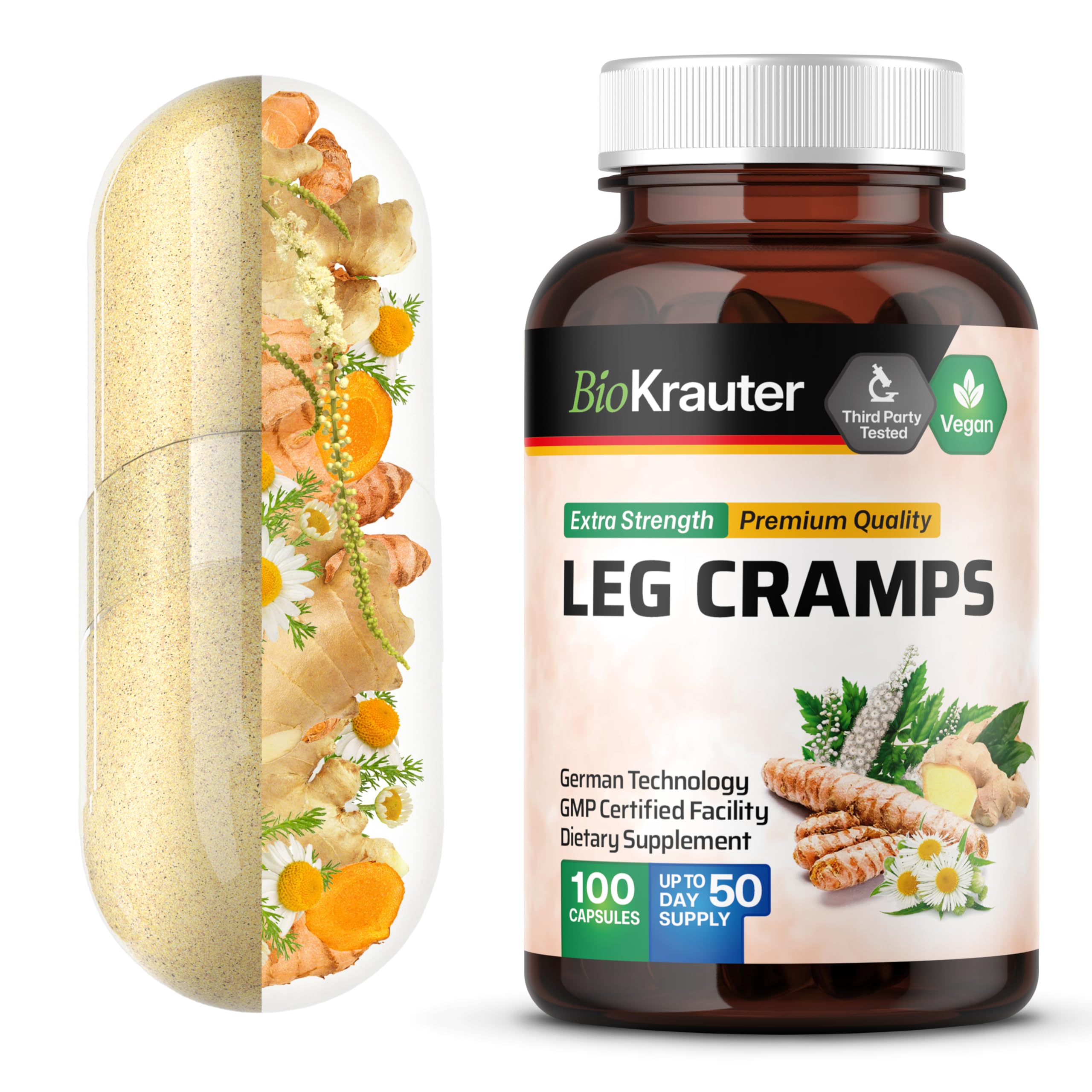 BIO KRAUTER® Magnesium Glycinate for Leg Сramps & Relax - 5-in-1 Formula Magnesium Glycinate 400mg with Turmeric, Black Cohosh, Ginger, Chamomile 1200 mg 100 Caps - No Fillers, Non-GMO, 50-Day Supply BIO KRAUTER uk supplements
