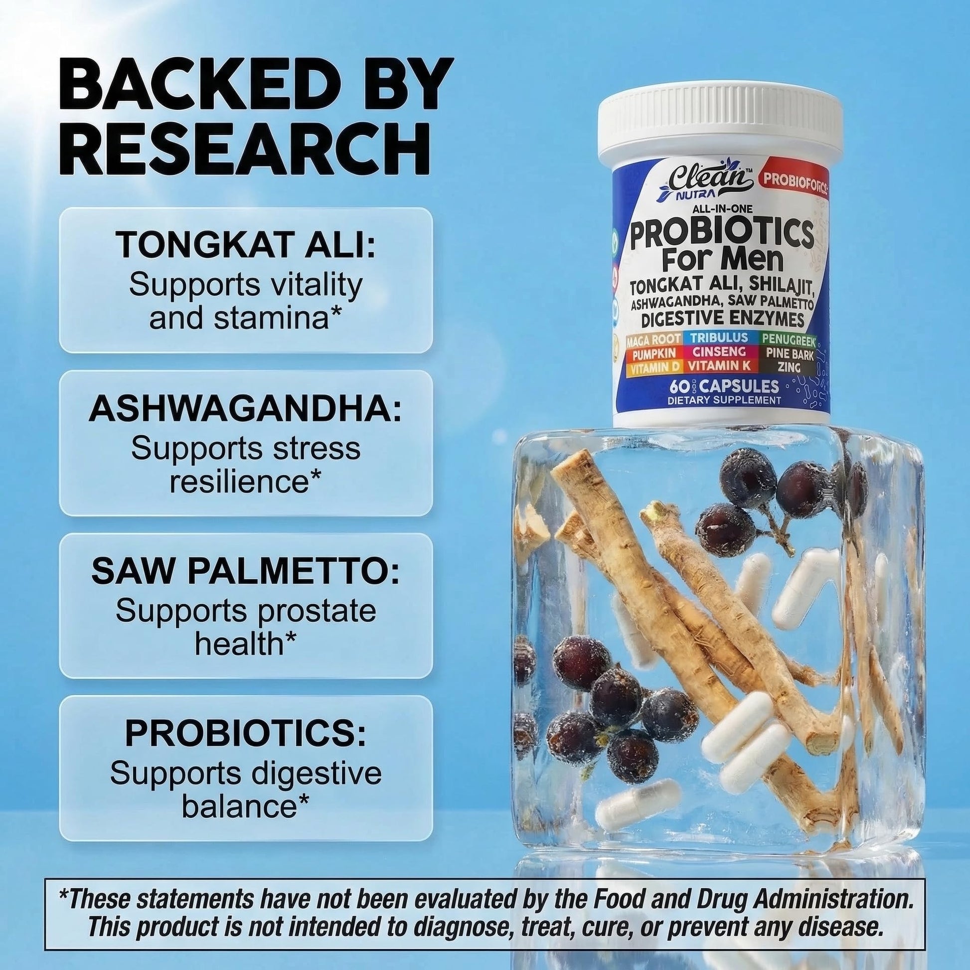 Clean Nutra Probiotics for Men | Tongkat Ali, Saw Palmetto, Tribulus, Ginseng, Ashwagandha, Maca, Pumpkin, Gingko Biloba, Pine Bark, Fenugreek, Shilajit, Zinc - Mens Probiotic 60 Capsules Clean Nutraceuticals uk supplements