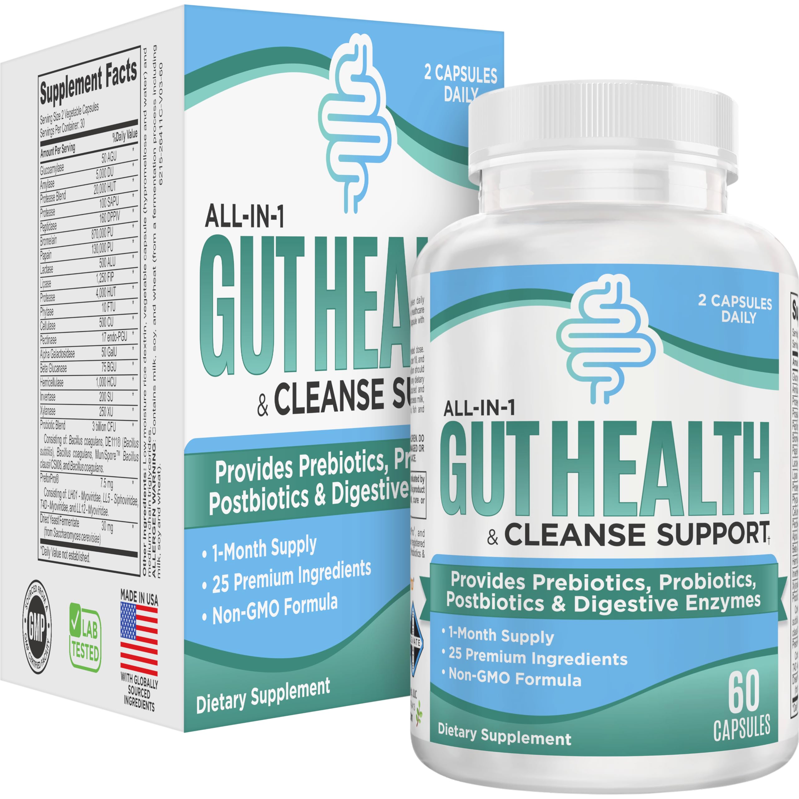 Gut Health Support Supplement (25-in-1) with Prebiotics, Probiotics, Postbiotics & Digestive Enzymes | Gut Supplements | 60 Capsules Elevate Recovery Supplements uk supplements