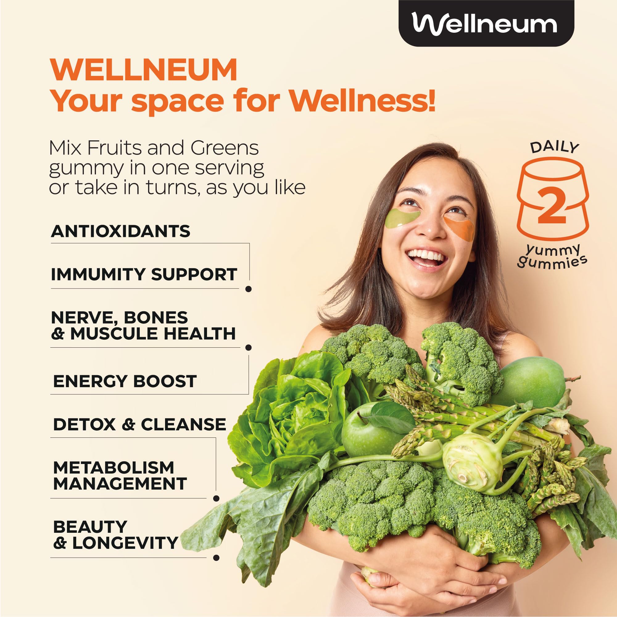 Super Greens + Super Fruits Gummies (Fruits/Greens Powder in Gummies Form) - 600mg Greens Blend + 600mg Fruits Blend for Immune Support, Sugar Free, Vegetarian, Non-GMO, 2-Pack (120 Gummies) Wellneum uk supplements