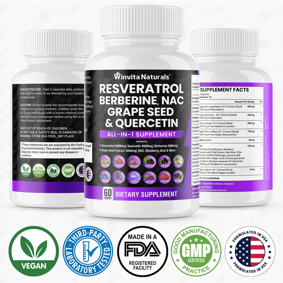 Resveratrol 6000mg Quercetin 4000mg Berberine 2000mg Grape Seed Extract 3000mg Winvita Naturals uk supplements