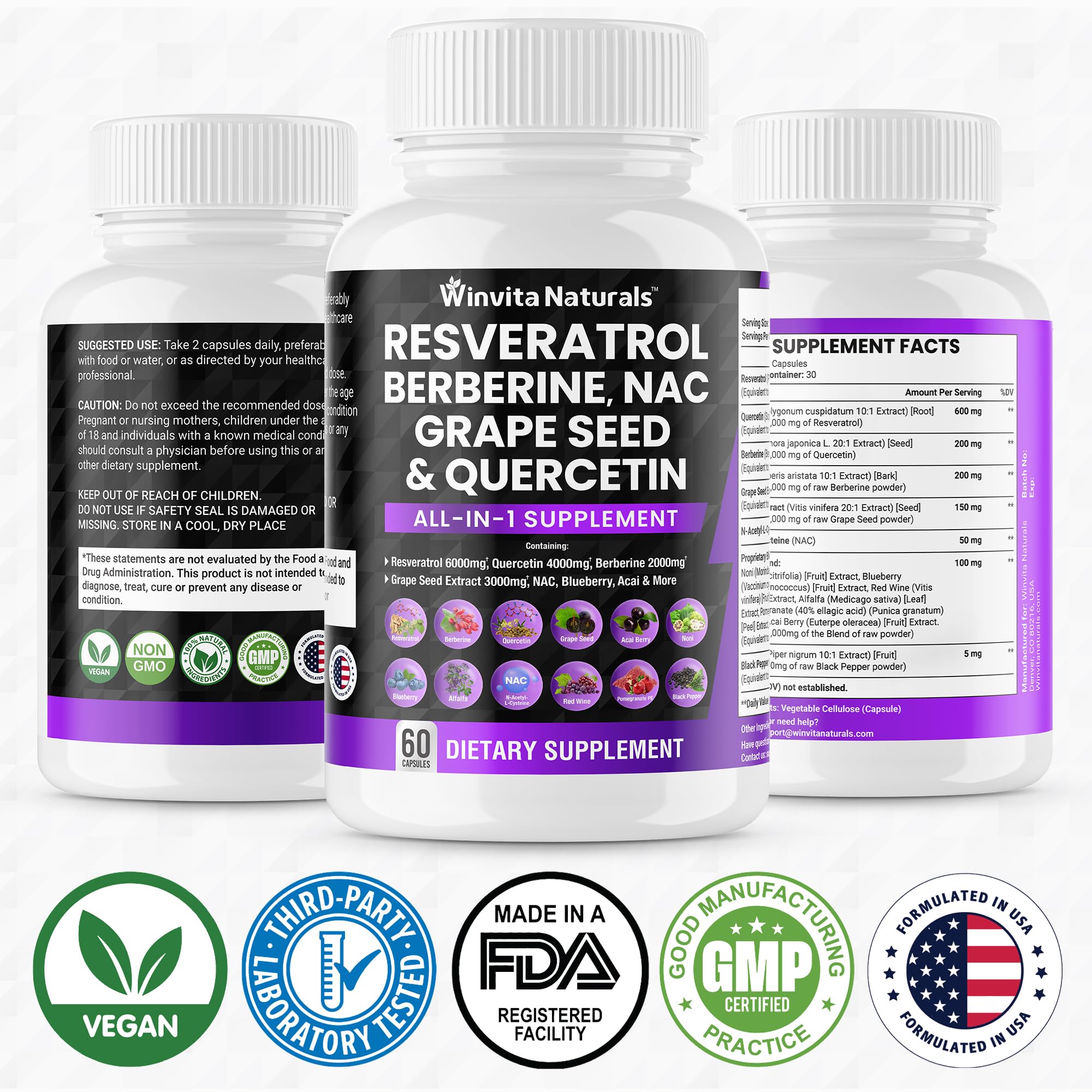 Resveratrol 6000mg Quercetin 4000mg Berberine 2000mg Grape Seed Extract 3000mg Winvita Naturals uk supplements