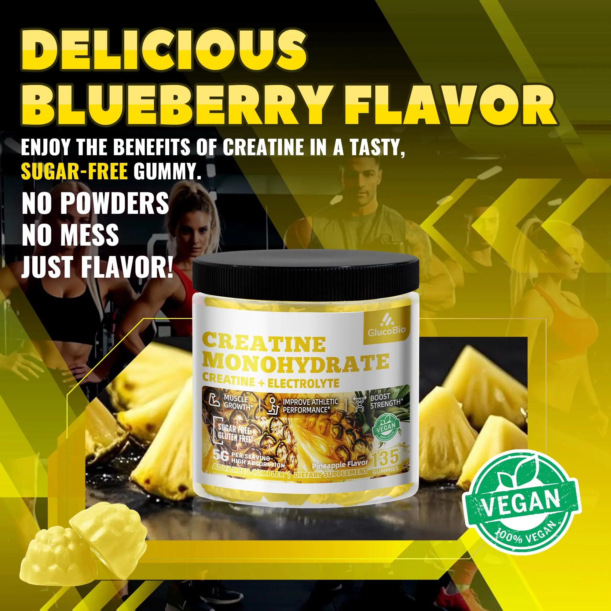 GlucoBio Creatine Monohydrate Gummies (5g) – Pre-Workout Energy & Muscle Growth Support for Men & Women | Pineapple Electrolyte Gummies (135 Count) GlucoBio uk supplements