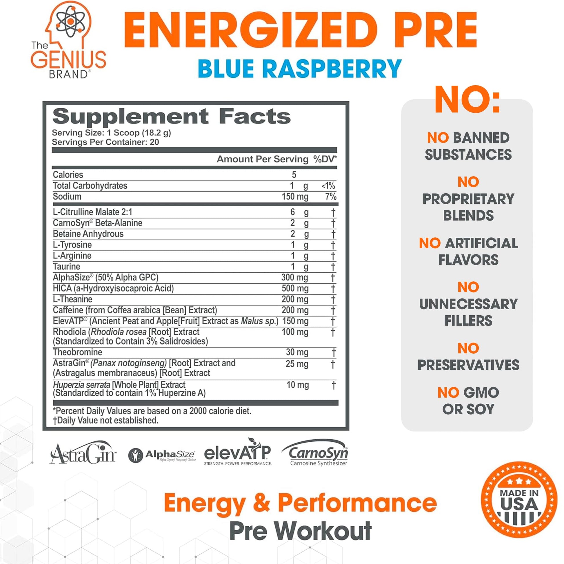 Genius Energized Pre Workout Powder – Caffeine Infused Pre-Workout Booster Supplement with Beta Alanine & Alpha GPC, No Artificial Sweeteners or Dyes - 200mg Caffeine, 20 Servings, Blue Raspberry The Genius Brand uk supplements