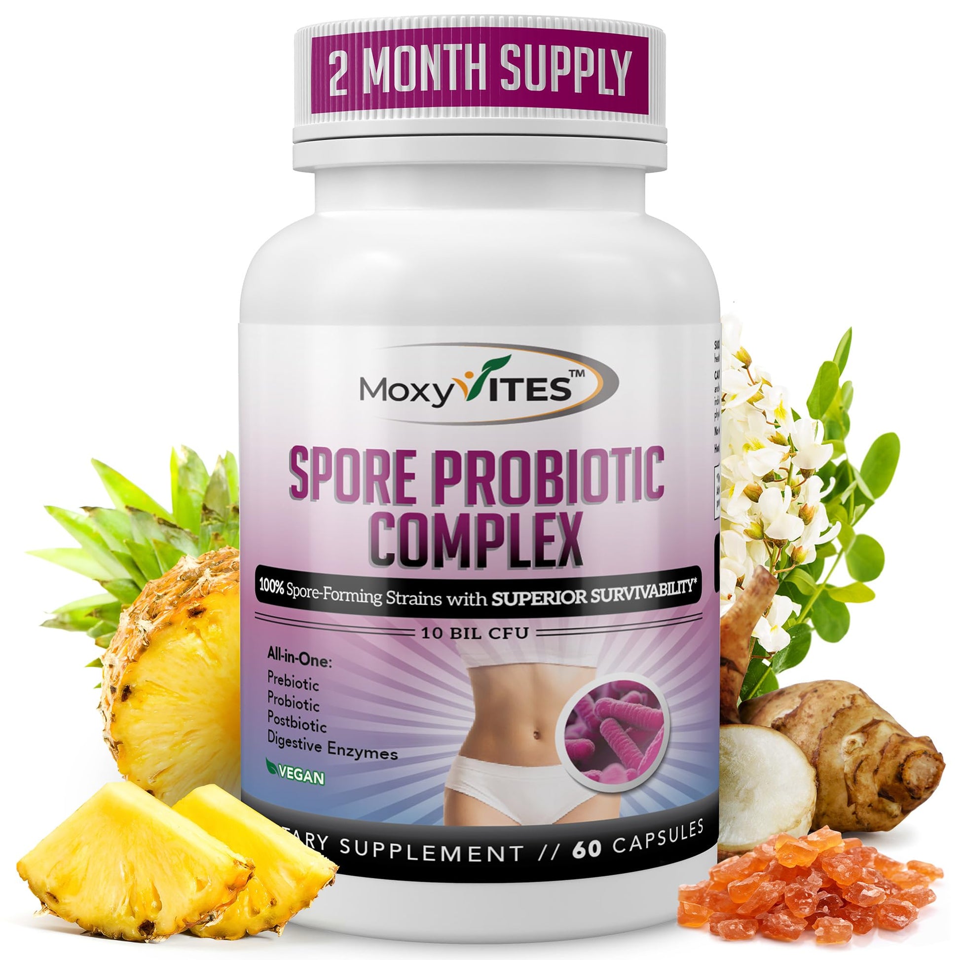 MoxyVites Spore Probiotic Complex - All In One Prebiotics and Probiotics for Digestive Health, Postbiotic, Digestive Enzymes Daily Supplement - Spore Based Probiotic for Women & Men MoxyVites uk supplements