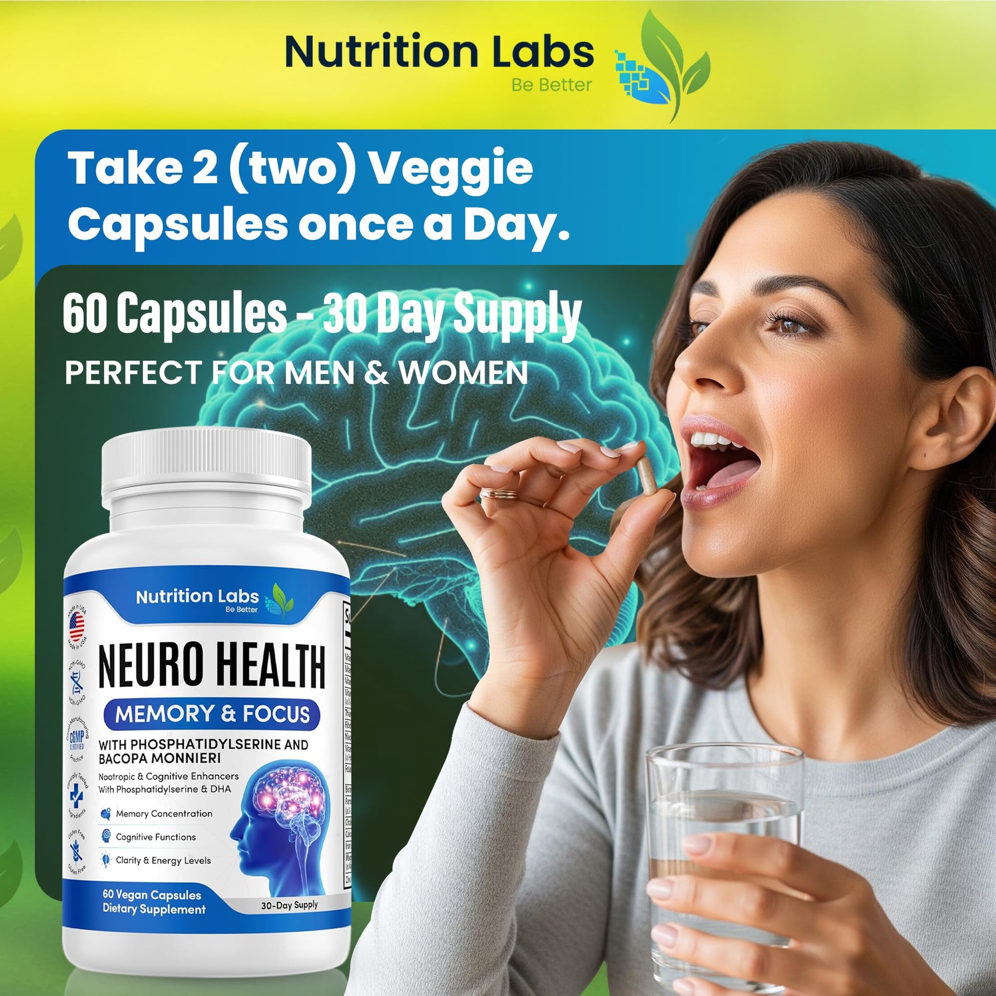 Nootropic & Neuro Brain Supplement for Memory & Focus Support. Clinically Tested Vitamins for Mental Support & Cognitive Clarity W/Bacopa Monnieri, VIT A, B6, Riboflavin, Niacin, Thiamin & Folate NUTRITION LABS BE BETTER uk supplements