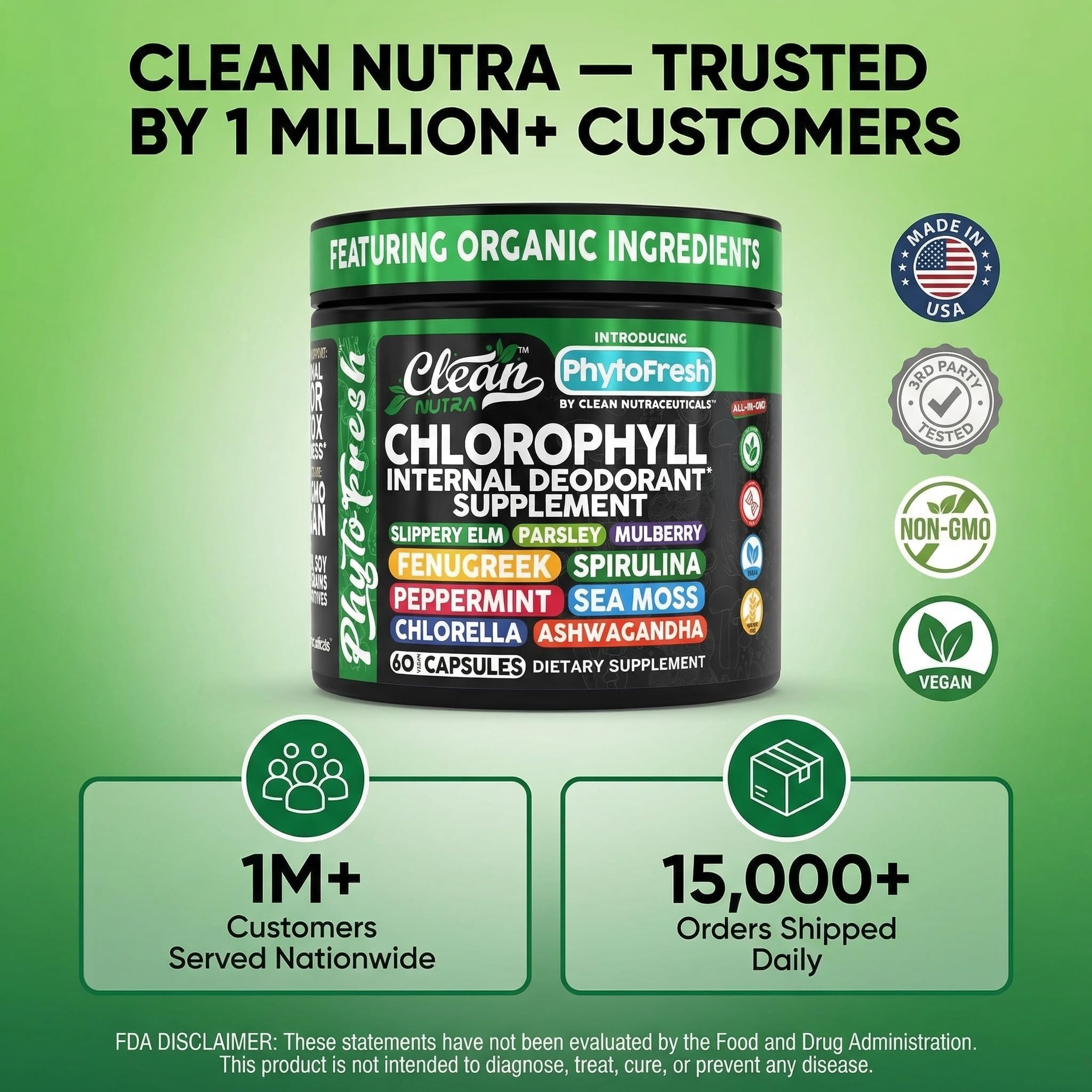 Clean Nutra Chlorophyll Capsules Supplement Internal Deodorant Peppermint, Sea Moss, Parsley, Chlorella, Spirulina, Slippery Elm, Ashwagandha, PhytoFresh Greens Detox Pills Clean Nutraceuticals uk supplements