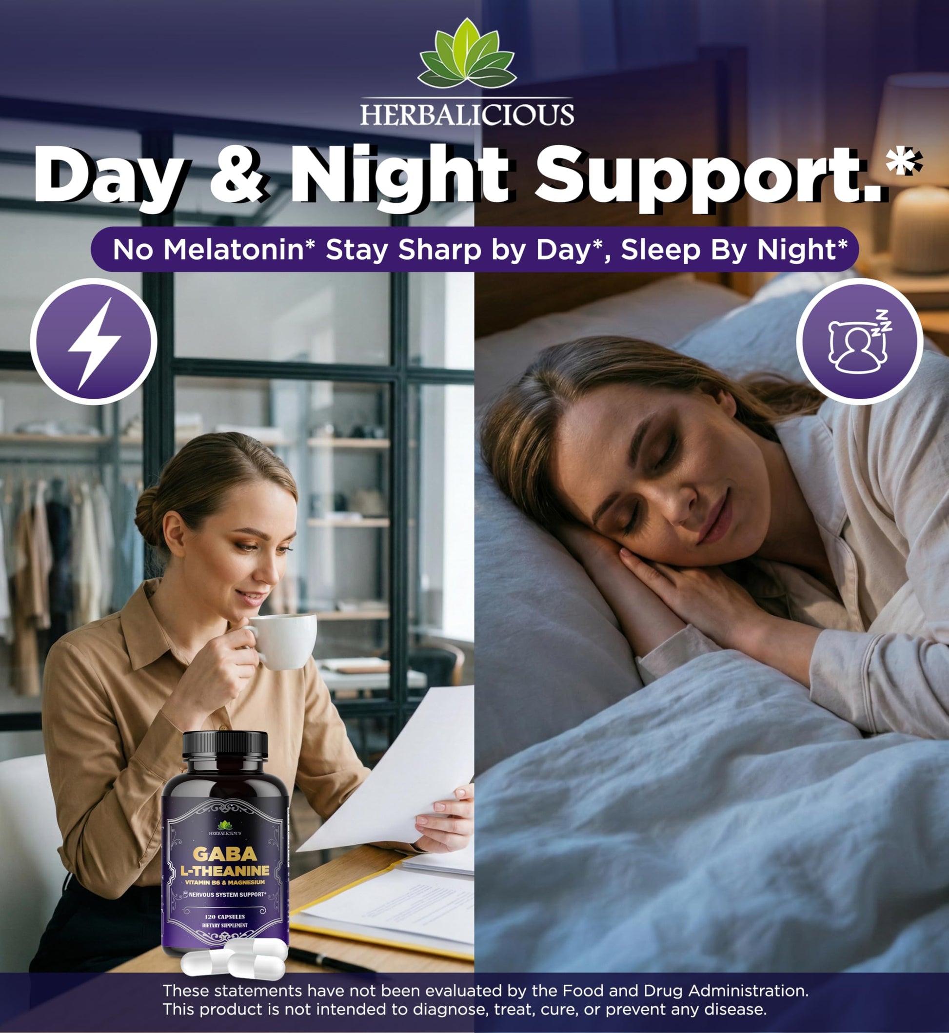 HERBALICIOUS GABA L-Theanine with Magnesium – Calm & Focus Support, Stress Relief, Relaxation + Mood Balance, Brain & Memory Support Supplement – Vitamin B6 + B12 Complex – 120 Capsules HERBALICIOUS uk supplements