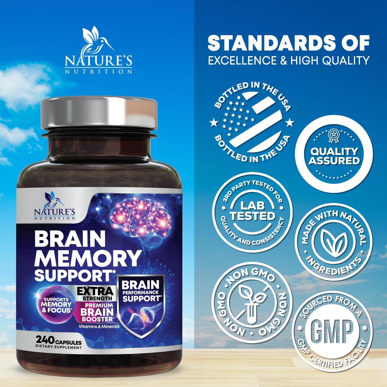 Brain Memory Supplement Pills - 3X Strength Nootropics for Concentration, Clarity & Focus Support - Brain Health Cognitive Vitamins with Bacopa, Phosphatidylserine & DMAE, Brain Booster - 240 Capsules Nature's Nutrition uk supplements