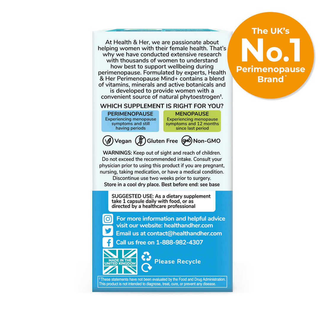 Health & Her Perimenopause Mind+ Cognitive Function Support, for Early Stage of Menopause, Mental Energy, Supplements for Women with Vitamins, Gluten-Free, Non-GMO, Vegan (30 ct - 1 Month) Health and Her uk supplements