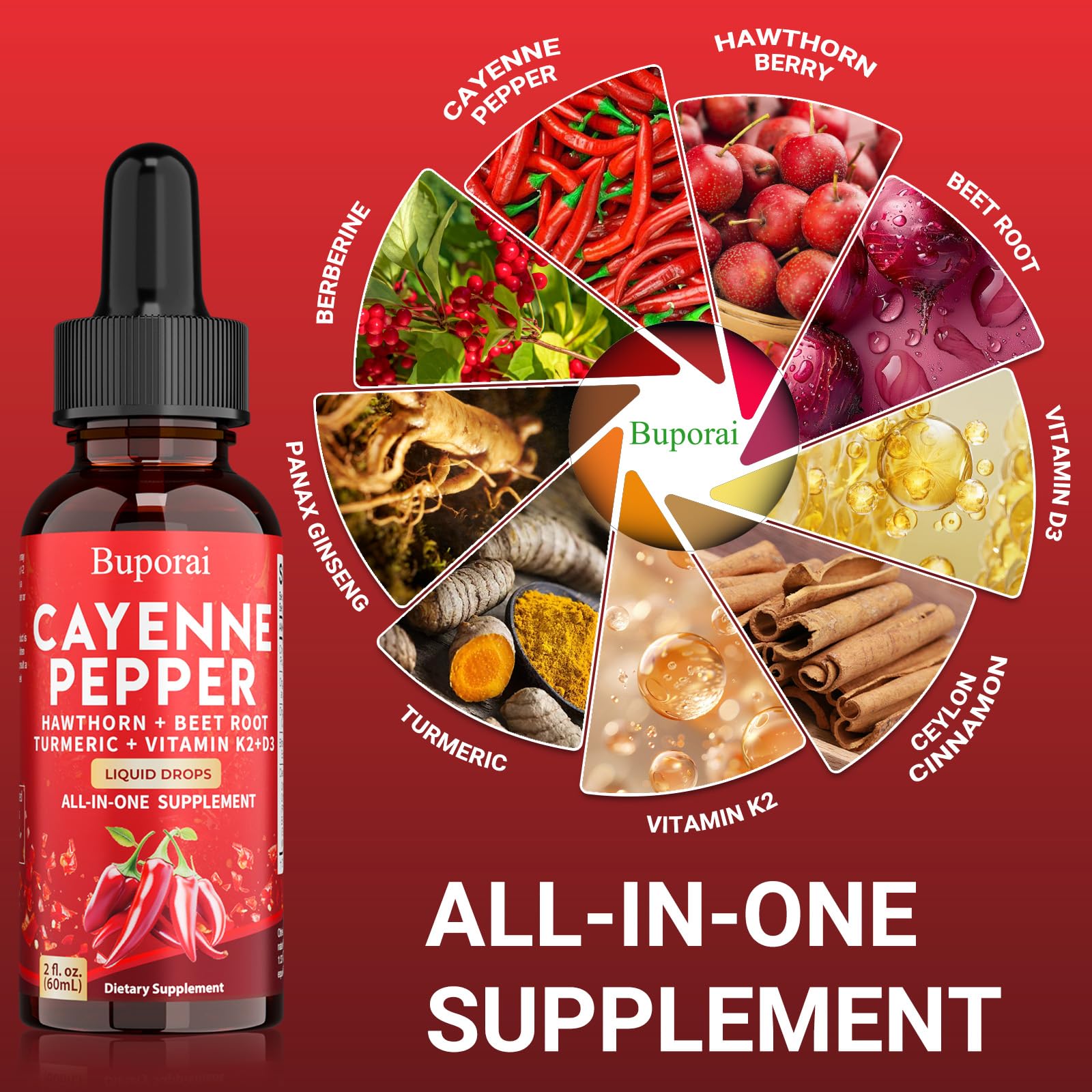 Buporai Cayenne Pepper Drops, Cayenne Pepper Extract Liquid Supplement for Overall Well-Being, 2 fl oz, Vitamin D3 K2 Beet Root Powder Buporai uk supplements
