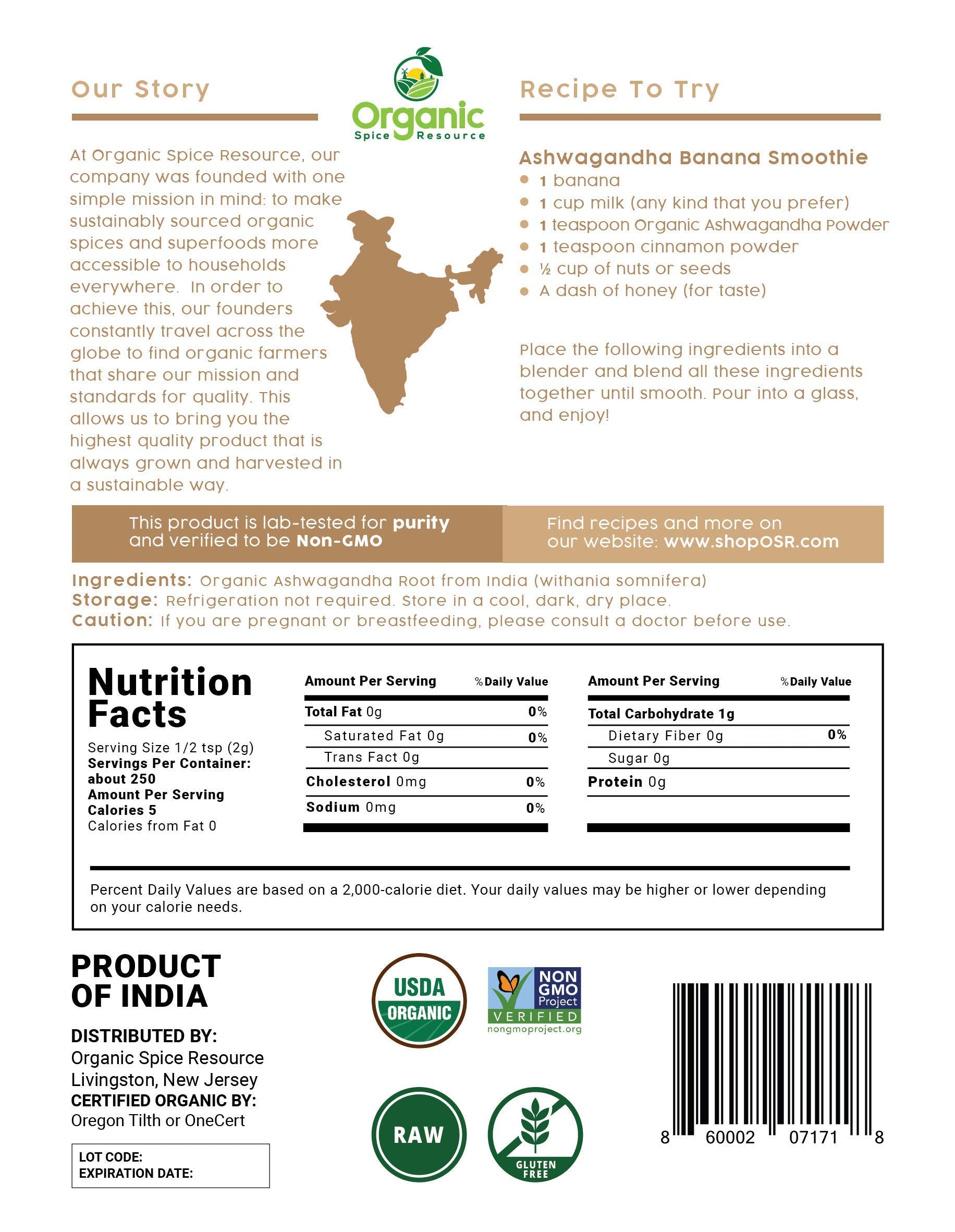 Organic Ashwagandha Root Powder - 1.10 lbs (17.64 oz) | Resealable Kraft Bag,Non-GMO, Indian Ginseng, Withania Somnifera -100% Raw from India, by SHOPOSR Organic Spice Resource uk supplements