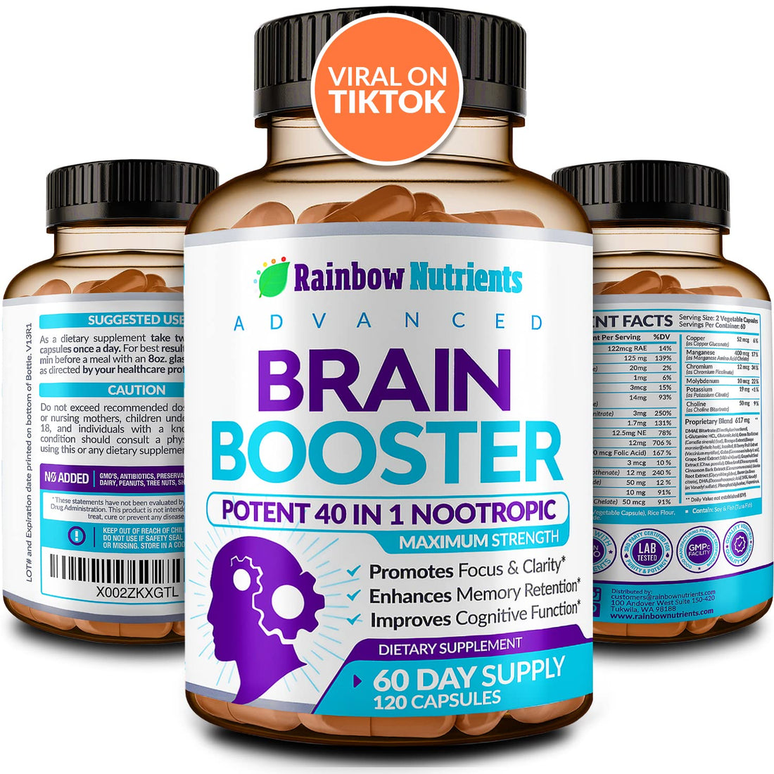 40-in-1 Brain Booster Supplements for Memory, Focus, Clarity, Energy, Performance Rainbow Nutrients, LLC uk supplements