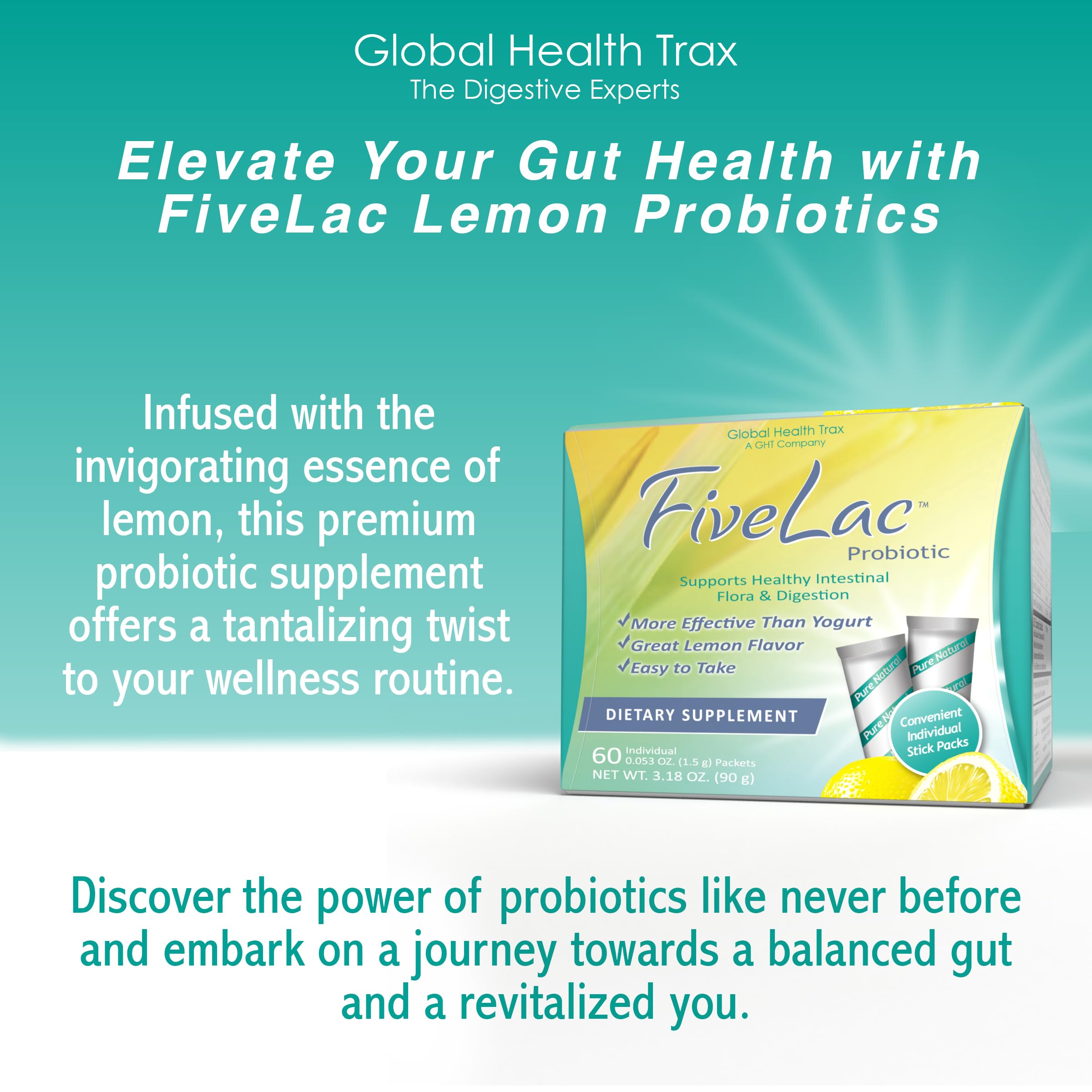 GHT - FiveLac Lemon Probiotic Powder Drink Mix, Probiotics for Women, Men, and Kids - Smooth Digestive Support and Elimination - Relieves Occasional Constipation and Gas - 60 Packets (3 Pack) Non-GMO ght Global Health Trax uk supplements