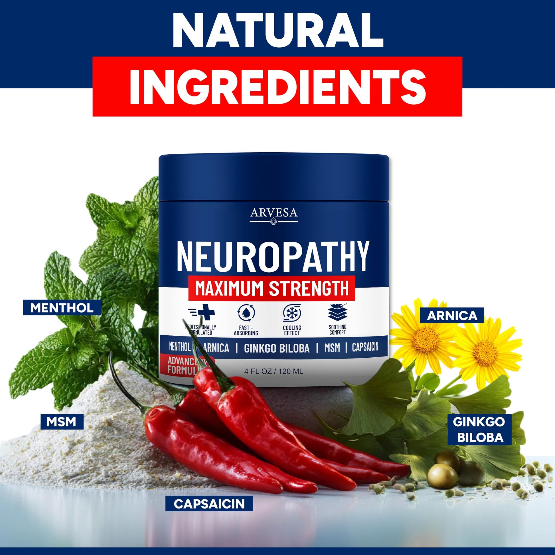 Neuropathy Cream - Maximum Strength - Arnica, MSM, Hemp Seed Oil, Ginkgo Biloba, Capsaicin - Non-Greasy with Cooling Effect - Value Pack - Natural Ingredients - Formulated in USA Arvesa uk supplements