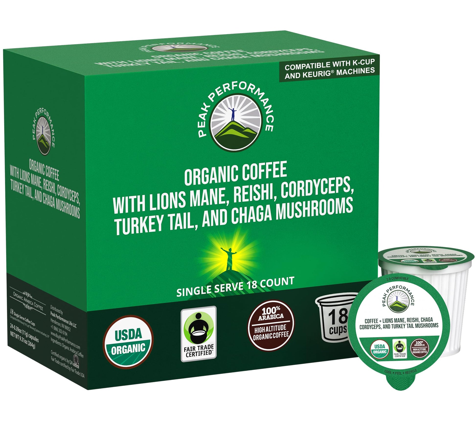 Organic Mushroom Coffee Pods with Lion's Mane, Reishi, Cordyceps, Turkey Tail, and Chaga Mushrooms. High Altitude, Low Acid, Smooth Tasting, Fair Trade, Instant Nootropic Coffee (Medium Roast Ground) Peak Performance uk supplements