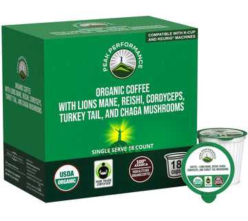 Organic Mushroom Coffee Pods with Lion's Mane, Reishi, Cordyceps, Turkey Tail, and Chaga Mushrooms. High Altitude, Low Acid, Smooth Tasting, Fair Trade, Instant Nootropic Coffee (Medium Roast Ground) Peak Performance uk supplements