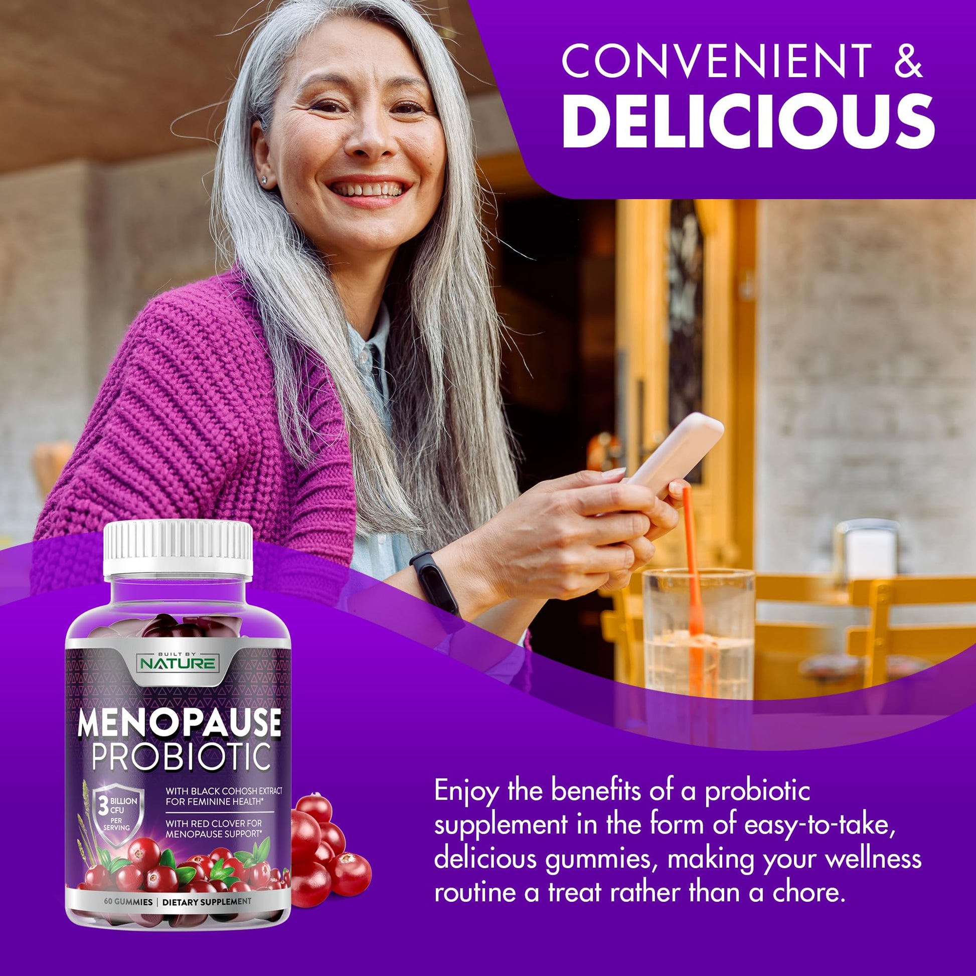 Menopause Supplements for Women - Menopause Probiotic Gummy - Women’s Menopause Relief for Hot Flashes, Night Sweats & Mood Swings with Black Cohosh & Cranberry - Non-GMO, Vegan - 60 Gummies Built by Nature uk supplements