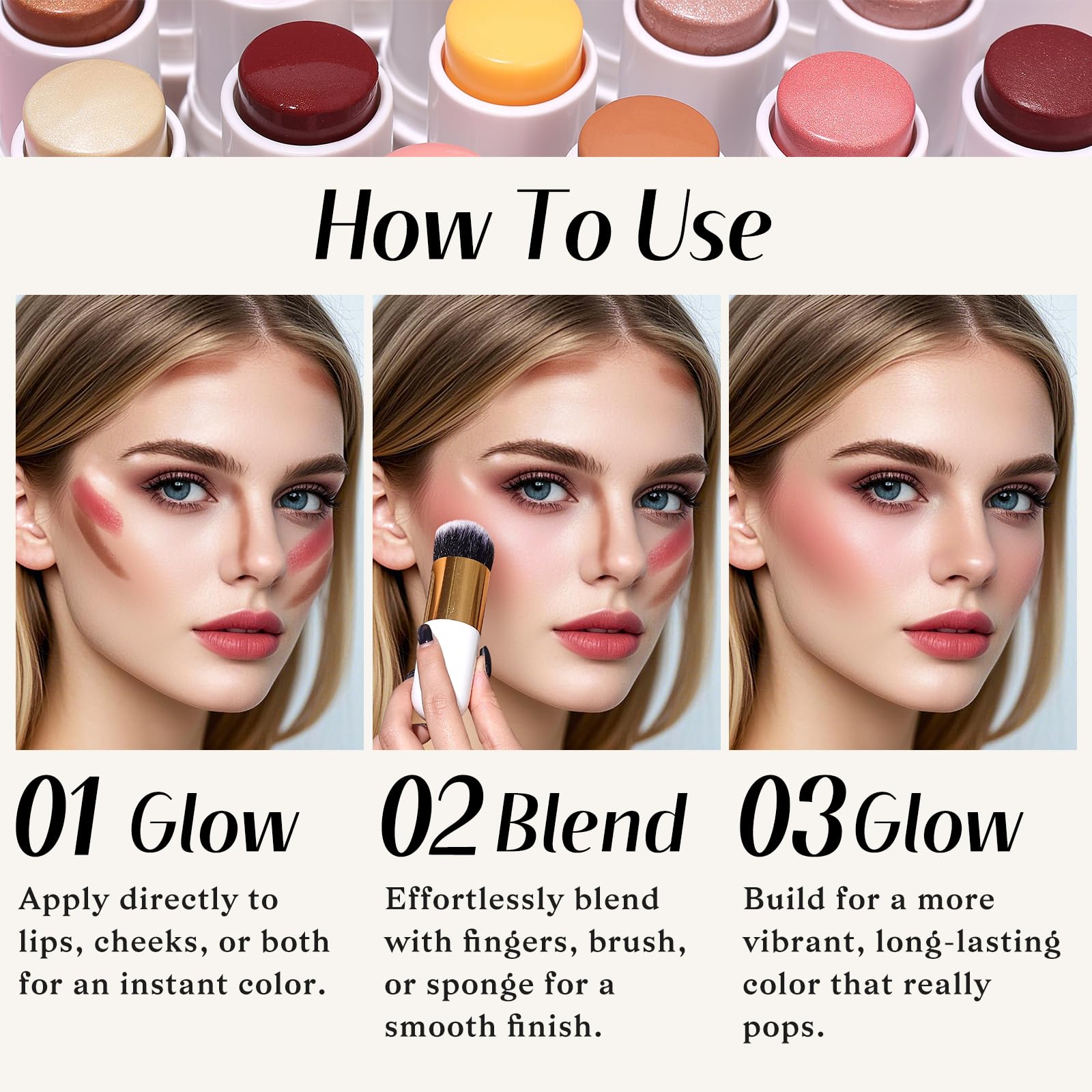 KIMUSE Face Sticks Trio, Cream Blush Stick & Highlighter Stick & Contour Stick for Sculpt the Cheeks, Long Lasting Cream Contour Stick Trio for Face Makeup, with Brush KIMUSE uk supplements