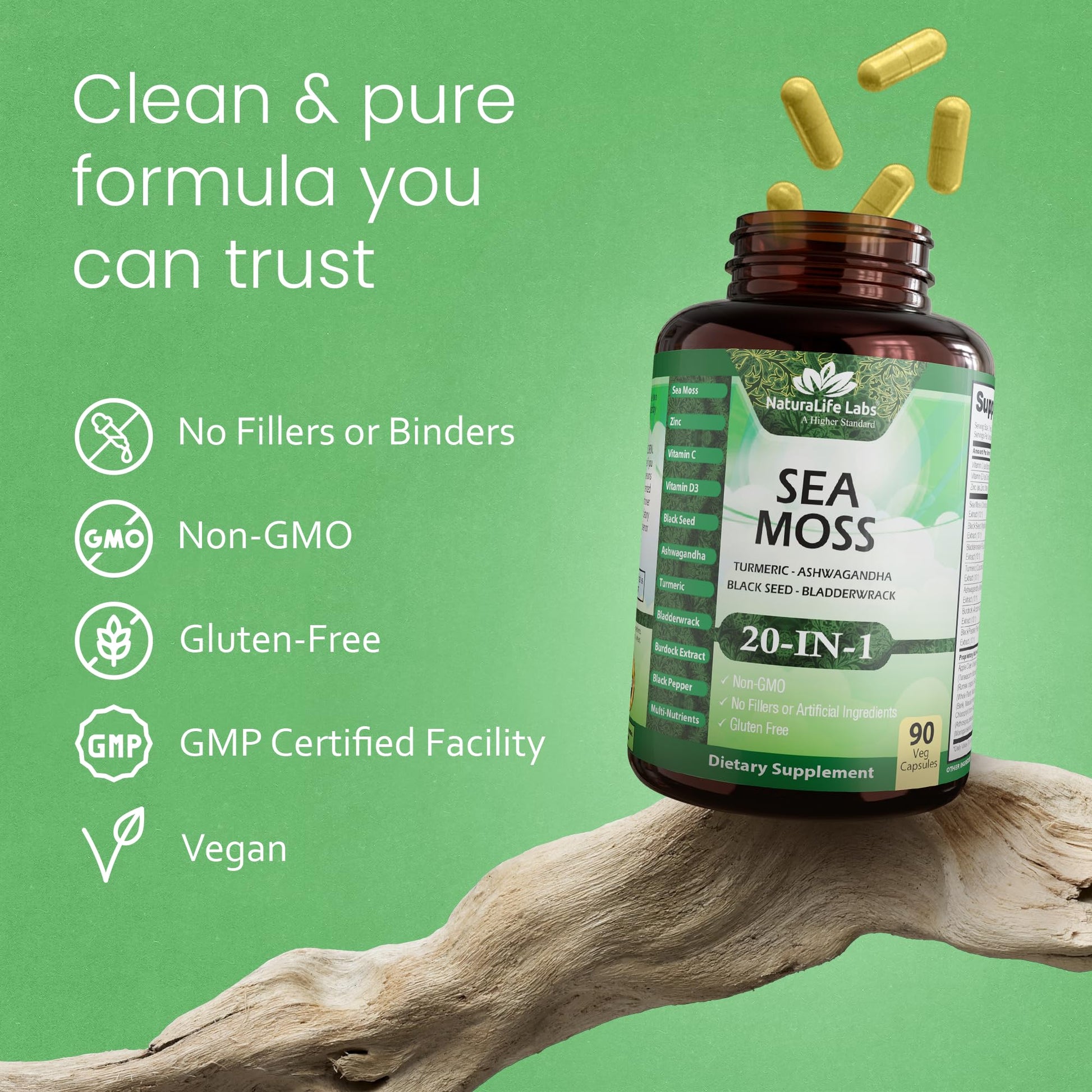 Sea Moss, Black Seed Oil, Bladderwrack, Turmeric, Ashwagandha, Burdock, Vitamin C, D3, Yellow Dock Root, Manuka, Dandelion - 90 Veggie caps NaturaLife Labs uk supplements