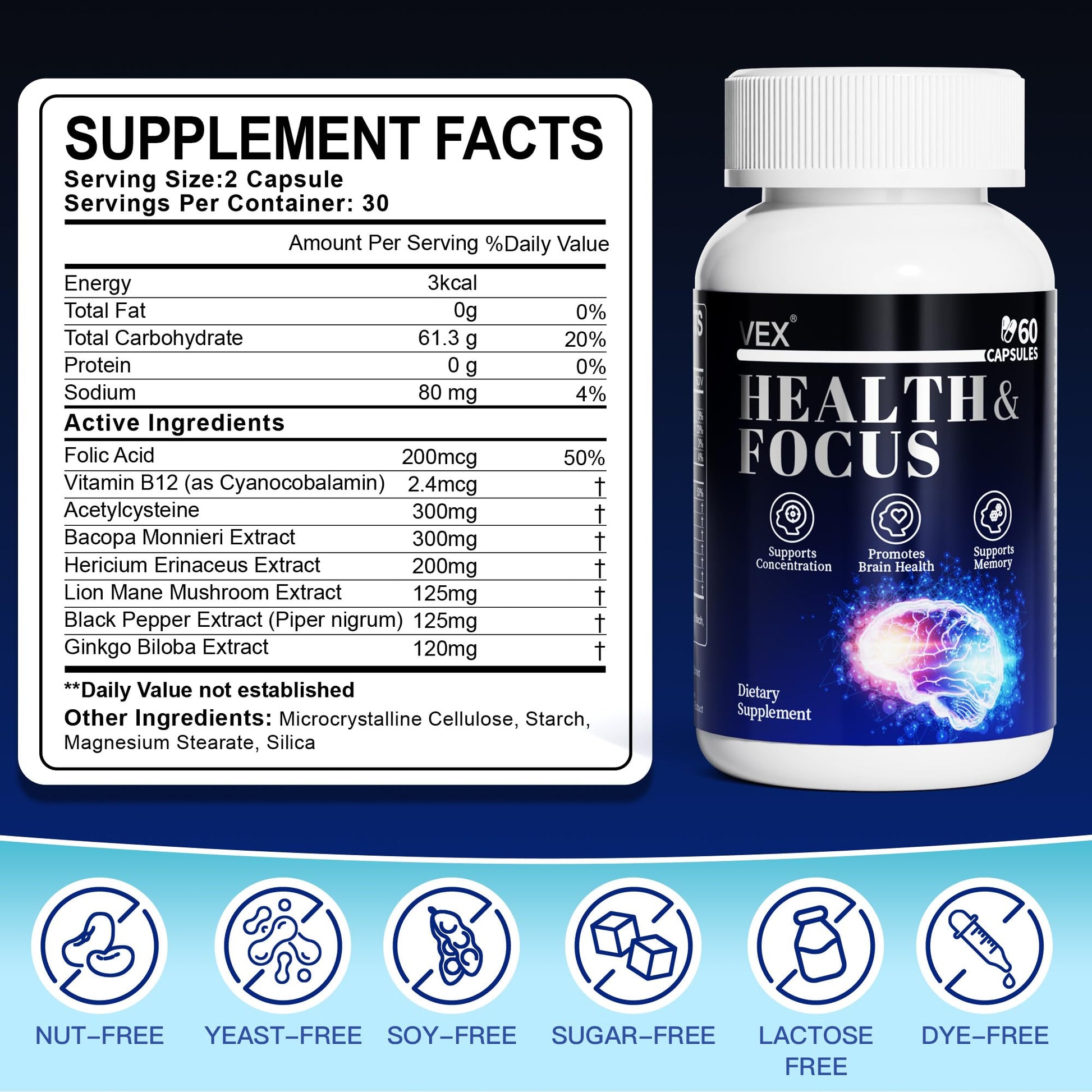 VEX Supplement – Memory & Clarity Support with Folic Acid, Vitamin B, Acetylcysteine, Bacopa Monnieri, Lion’s Mane, Ginkgo Biloba & Black Pepper – Cognitive, 60 Capsules VEX uk supplements