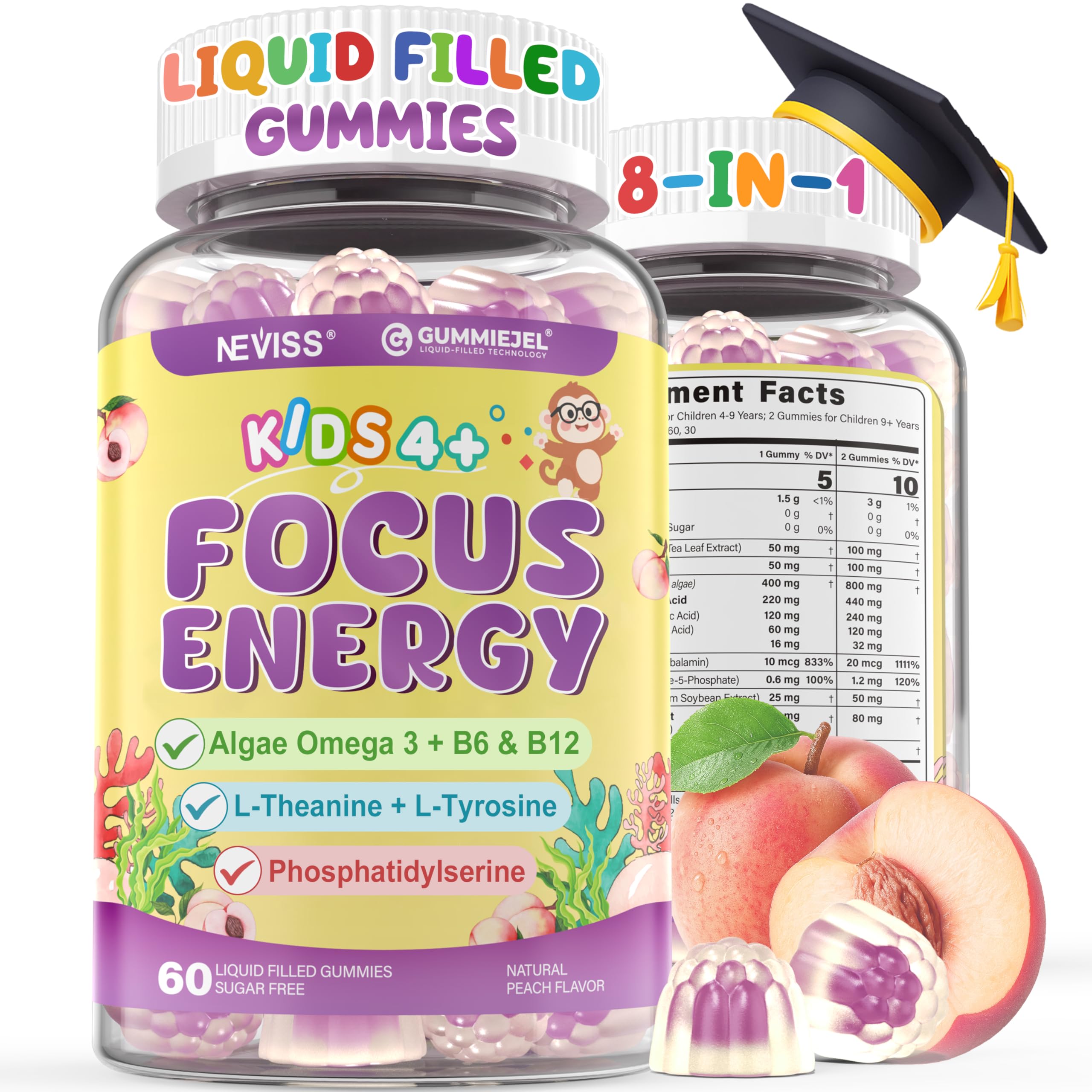 Kids Focus Gummies - Brain Supplements with Vegan Omega 3 DHA, Phosphatidylserine, L-Theanine, L-Tyrosine, Methylated B6 & B12 for Kids & Teen Support Attention, Memory, Nootropic, Sugar Free 60cts NEVISS uk supplements
