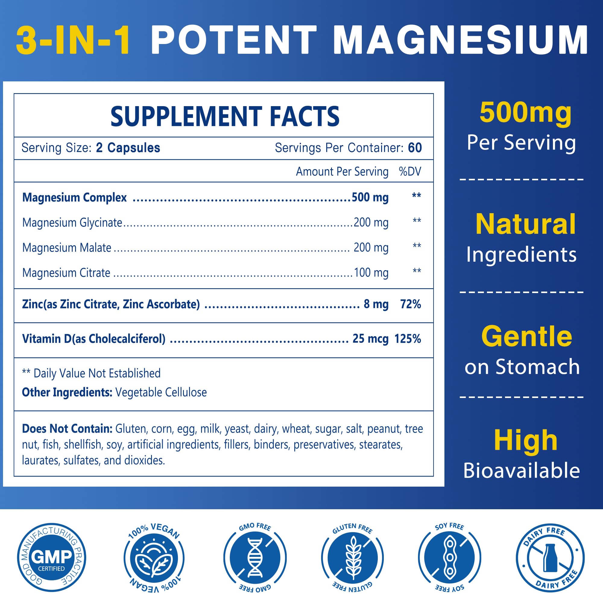 Magnesium Complex 500mg, Magnesium Glycinate, Malate & Citrate - High Absorption Chelated Triple Magnesium Supplement with Zinc, Vitamin D3 for Muscle, Nerve, Bone & Immune Support, Vegan 120 Capsules NATURE TARGET uk supplements