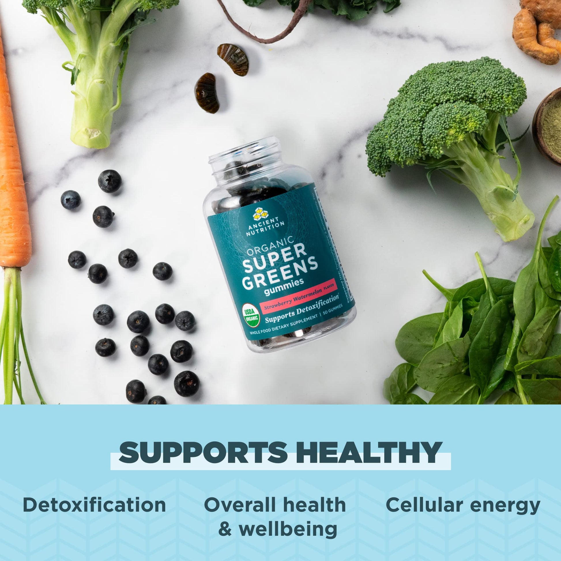 Ancient Nutrition Supergreens Gummy, Organic Superfood Gummy Made from Real Fruits, Vegetables and Herbs, for Digestive and Energy Support, 100 Count, Strawberry Watermelon Ancient Nutrition uk supplements