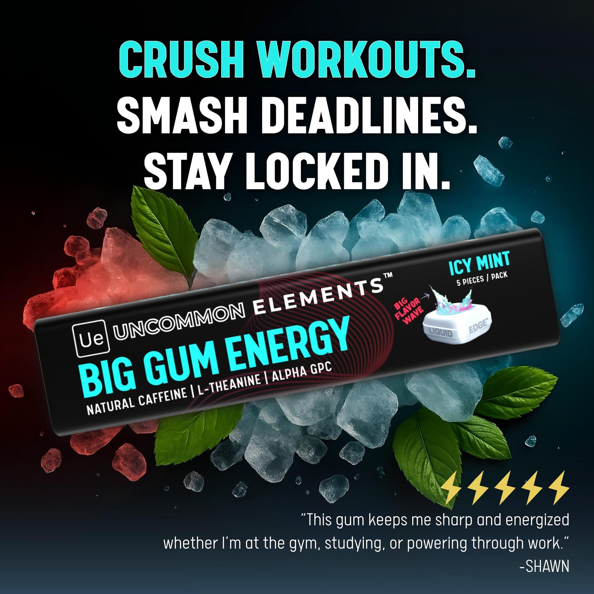 BIG GUM ENERGY & FOCUS – 80mg Caffeine + 40mg L-Theanine + 80mg Alpha GPC – Nootropic Chewing Gum for Focus, Energy & Execution – Icy Mint – 25 Pieces (5 Packs) Gym & Work Execution. UNCOMMON ELEMENTS uk supplements