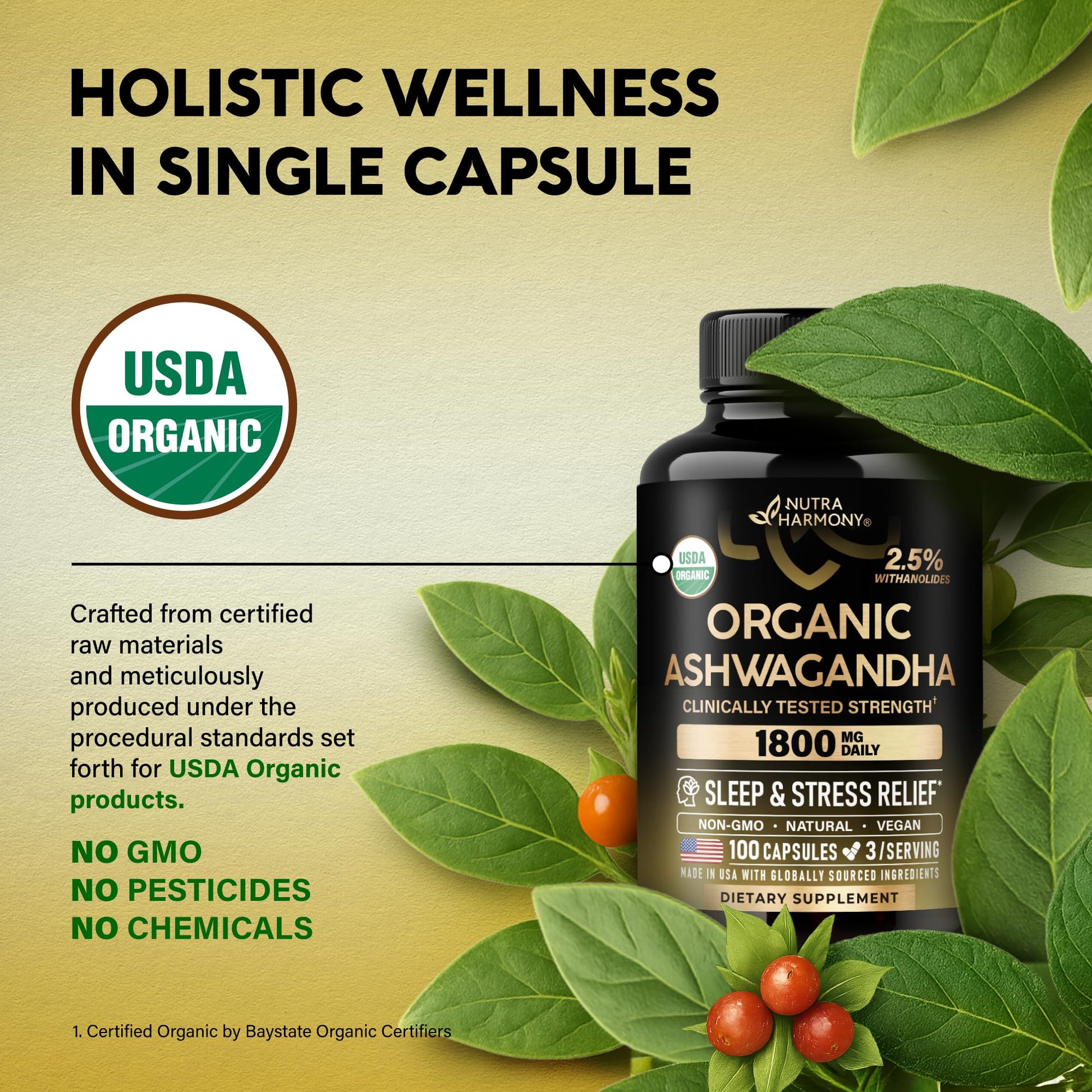 Ashwagandha Supplements 1800mg - USDA Organic Ashwagandha for Women & Men - Clinically Effective Strength for Stress Relief & Sleep - Powder & Root Extract 2.5% Withanolides - Made in USA 100 Capsules NUTRAHARMONY uk supplements