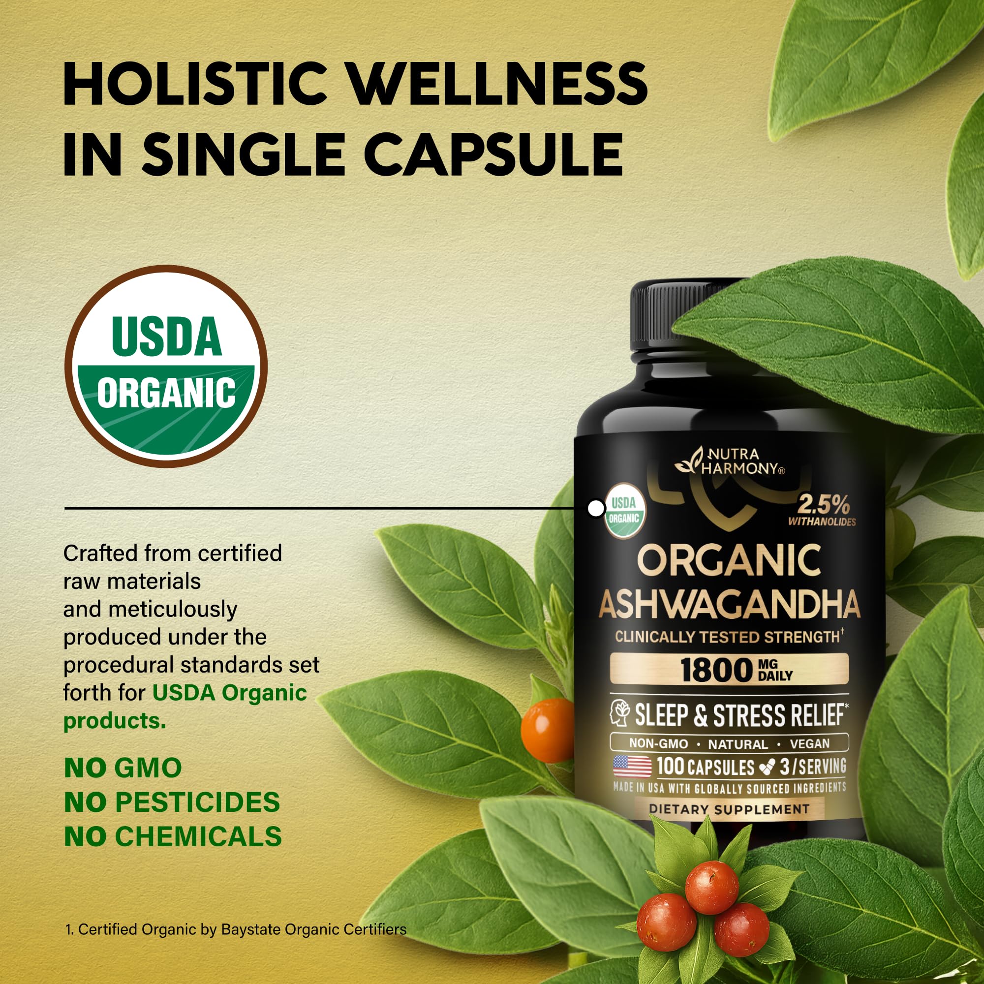 Ashwagandha Supplements 1800mg - USDA Organic Ashwagandha for Women & Men - Clinically Effective Strength for Stress Relief & Sleep - Powder & Root Extract 2.5% Withanolides - Made in USA 100 Capsules NUTRAHARMONY uk supplements